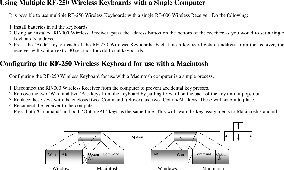 Using Multiple RF-250 Wireless Keyboards with a Single Computer  It is possible to use multiple RF-250 Wireless Keyboards with a single RF-000 Wireless Receiver. Do the following:  1. Install batteries in all the keyboards. 2. Using an installed RF-000 Wireless Receiver, press the address button on the bottom of the receiver as you would to set a single keyboard’s address. 3. Press the ‘Addr’ key on each of the RF-250 Wireless Keyboards. Each time a keyboard gets an address from the receiver, the receiver will wait an extra 30 seconds for additional keyboards.  Configuring the RF-250 Wireless Keyboard for use with a Macintosh  Configuring the RF-250 Wireless Keyboard for use with a Macintosh computer is a simple process.  1. Disconnect the RF-000 Wireless Receiver from the computer to prevent accidental key presses. 2. Remove the two ‘Win’ and two ‘Alt’ keys from the keyboard by pulling forward on the back of the key until it pops out. 3. Replace these keys with the enclosed two ‘Command’ (clover) and two ‘Option/Alt’ keys. These will snap into place. 4. Reconnect the receiver to the computer. 5. Press both ‘Command’ and both ‘Option/Alt’ keys as the same time. This will swap the key assignments to Macintosh standard.    space     Win Alt Option Alt Command Windows Macintosh Windows Macintosh Win Alt Option Alt Command      