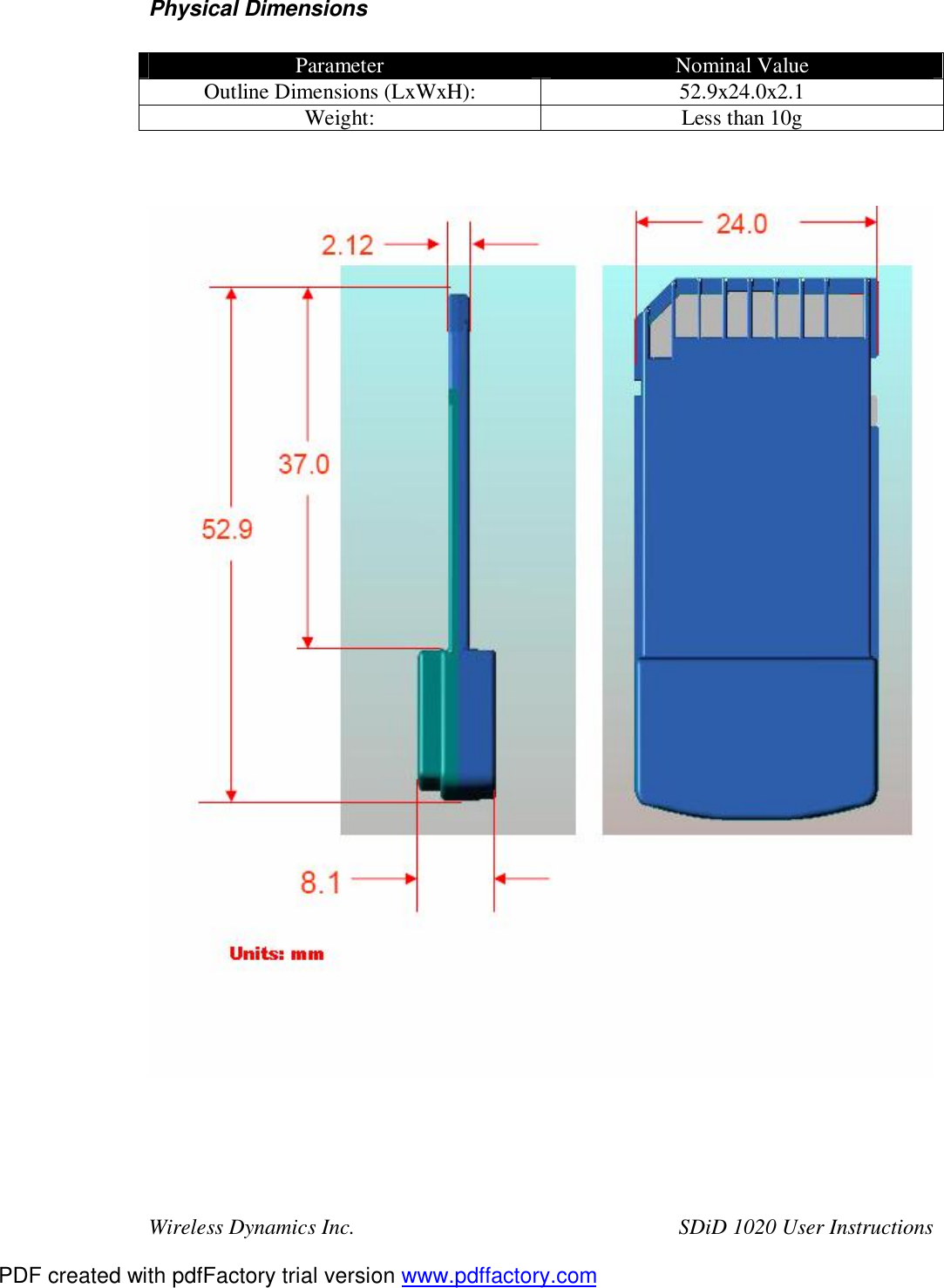Wireless Dynamics Inc.  SDiD 1020 User Instructions Physical Dimensions  Parameter  Nominal Value Outline Dimensions (LxWxH):  52.9x24.0x2.1 Weight:  Less than 10g       PDF created with pdfFactory trial version www.pdffactory.com