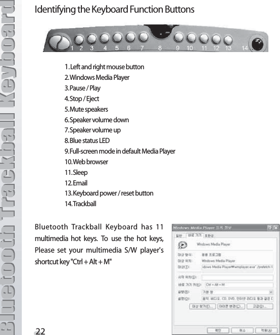 )DENTIFYINGTHE+EYBOARD&amp;UNCTION&quot;UTTONS ,EFTANDRIGHTMOUSEBUTTON7INDOWS-EDIA0LAYER0AUSE0LAY3TOP%JECT-UTESPEAKERS3PEAKERVOLUMEDOWN3PEAKERVOLUMEUP&quot;LUESTATUS,%$&amp;ULLSCREENMODEINDEFAULT-EDIA0LAYER7EBBROWSER3LEEP%MAIL+EYBOARDPOWERRESETBUTTON4RACKBALL&quot;LUETOOTH 4RACKBALL +EYBOARD HAS MULTIMEDIA HOT KEYS 4O USE THE HOT KEYS0LEASE SET YOUR MULTIMEDIA 37 PLAYERgSSHORTCUTKEY#TRL!LT-