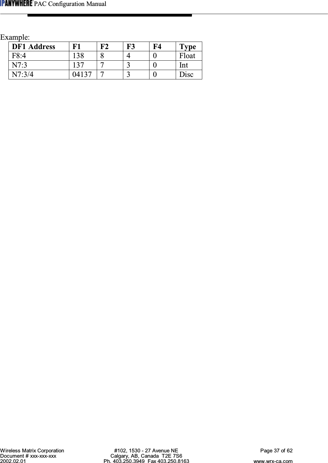 PAC Configuration ManualWireless Matrix Corporation #102, 1530 - 27 Avenue NE Page 37 of 62Document # xxx-xxx-xxx Calgary, AB, Canada  T2E 7S62002.02.01 Ph. 403.250.3949  Fax 403.250.8163 www.wrx-ca.comExample:DF1 AddressF1 F2F3F4TypeF8:4 138840FloatN7:3 137730IntN7:3/4 04137 730Disc