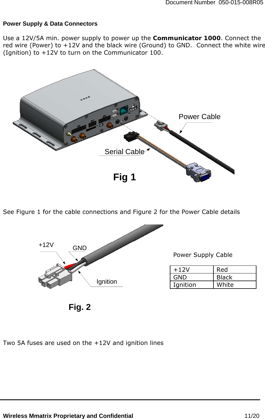   Document Number  050-015-008R05   Wireless Mmatrix Proprietary and Confidential                                                 11/20  Power Supply &amp; Data Connectors   Use a 12V/5A min. power supply to power up the Communicator 1000. Connect the red wire (Power) to +12V and the black wire (Ground) to GND.  Connect the white wire (Ignition) to +12V to turn on the Communicator 100.  Power CableSerial CableFig 1    See Figure 1 for the cable connections and Figure 2 for the Power Cable details    Power Supply Cable  +12V Red GND Black Ignition White        Two 5A fuses are used on the +12V and ignition lines Fig. 2IgnitionGND+12V