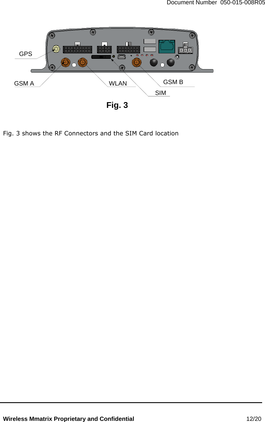   Document Number  050-015-008R05   Wireless Mmatrix Proprietary and Confidential                                                 12/20  GPSGSM A WLAN GSM BSIMFig. 3   Fig. 3 shows the RF Connectors and the SIM Card location  