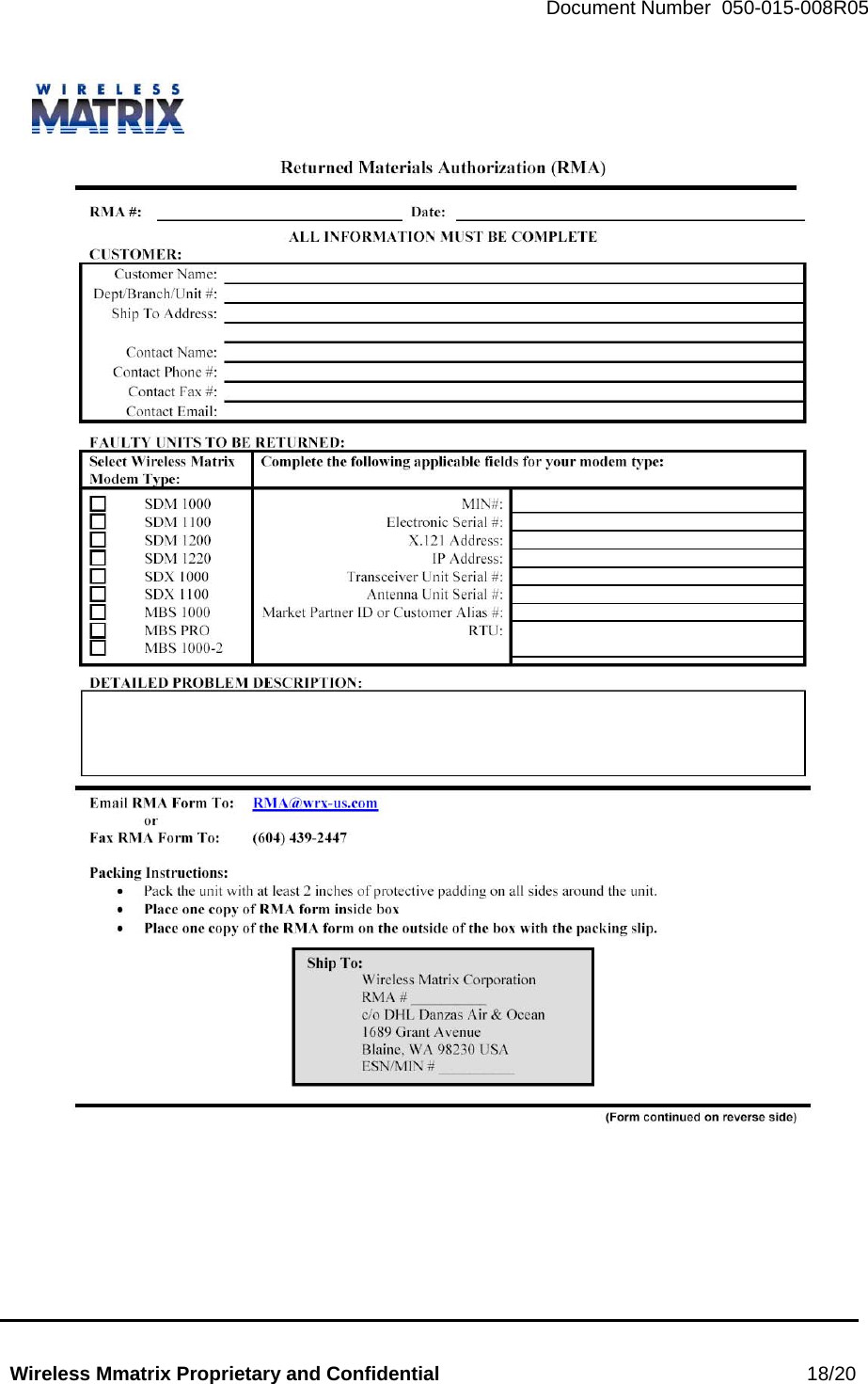   Document Number  050-015-008R05   Wireless Mmatrix Proprietary and Confidential                                                 18/20   