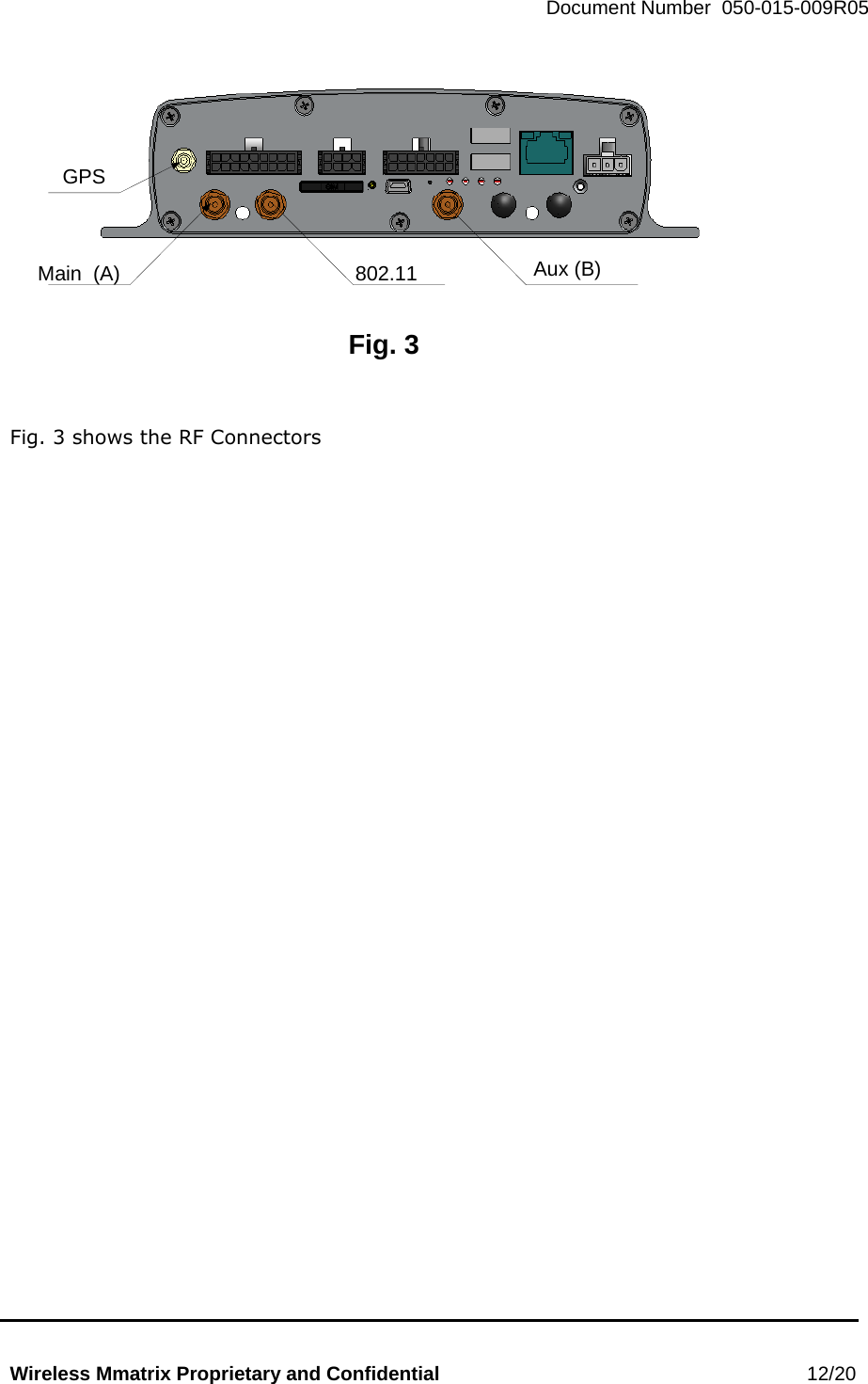   Document Number  050-015-009R05   Wireless Mmatrix Proprietary and Confidential                                                 12/20  GPSMain  (A) 802.11 Aux (B)Fig. 3   Fig. 3 shows the RF Connectors   