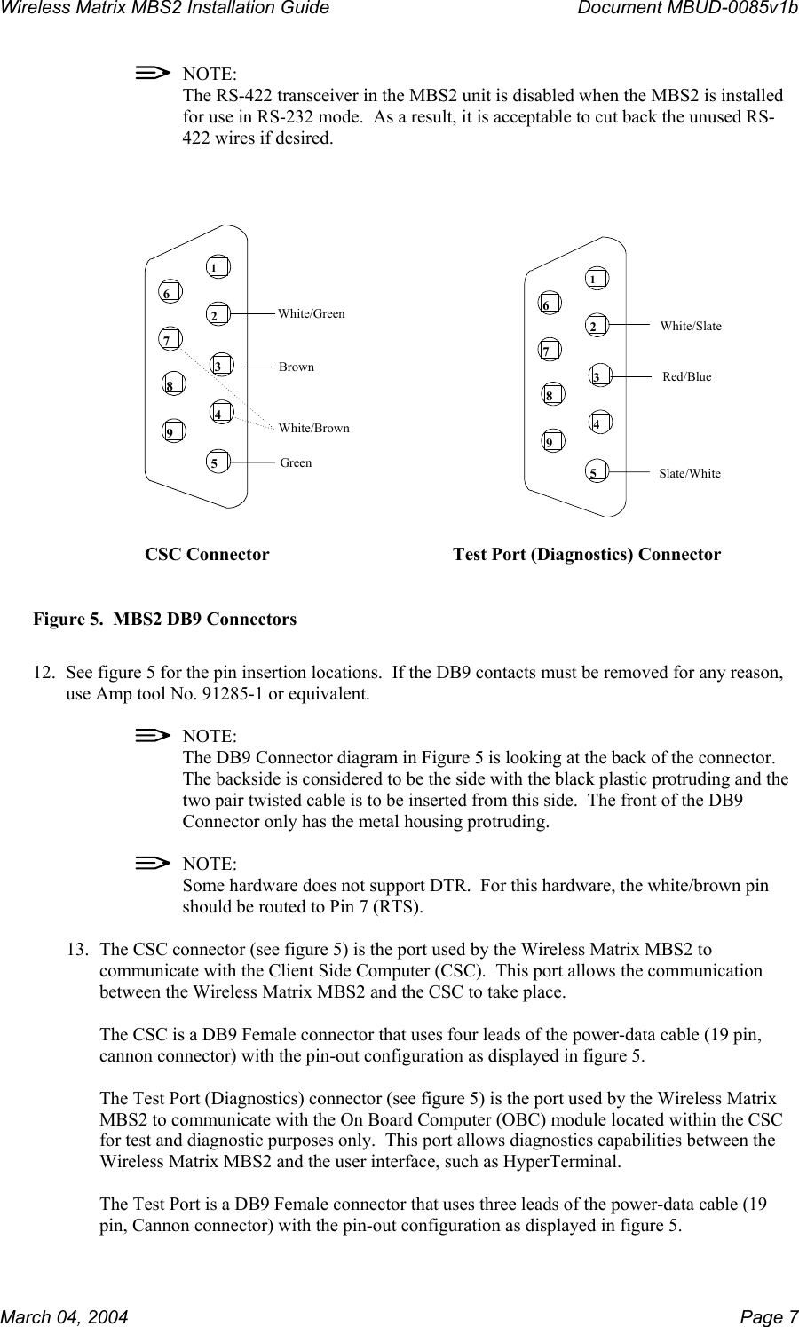 Wireless Matrix MBS2 Installation Guide      Document MBUD-0085v1b    NOTE: The RS-422 transceiver in the MBS2 unit is disabled when the MBS2 is installed for use in RS-232 mode.  As a result, it is acceptable to cut back the unused RS-422 wires if desired.    Green453219876BrownWhite/GreenWhite/BrownSlate/White453219876Red/BlueWhite/Slate                      CSC Connector                            Test Port (Diagnostics) Connector  Figure 5.  MBS2 DB9 Connectors  12.  See figure 5 for the pin insertion locations.  If the DB9 contacts must be removed for any reason, use Amp tool No. 91285-1 or equivalent.    NOTE: The DB9 Connector diagram in Figure 5 is looking at the back of the connector.  The backside is considered to be the side with the black plastic protruding and the two pair twisted cable is to be inserted from this side.  The front of the DB9 Connector only has the metal housing protruding.    NOTE: Some hardware does not support DTR.  For this hardware, the white/brown pin should be routed to Pin 7 (RTS).  13.  The CSC connector (see figure 5) is the port used by the Wireless Matrix MBS2 to communicate with the Client Side Computer (CSC).  This port allows the communication between the Wireless Matrix MBS2 and the CSC to take place.  The CSC is a DB9 Female connector that uses four leads of the power-data cable (19 pin, cannon connector) with the pin-out configuration as displayed in figure 5.  The Test Port (Diagnostics) connector (see figure 5) is the port used by the Wireless Matrix MBS2 to communicate with the On Board Computer (OBC) module located within the CSC for test and diagnostic purposes only.  This port allows diagnostics capabilities between the Wireless Matrix MBS2 and the user interface, such as HyperTerminal.  The Test Port is a DB9 Female connector that uses three leads of the power-data cable (19 pin, Cannon connector) with the pin-out configuration as displayed in figure 5.  March 04, 2004    Page 7 