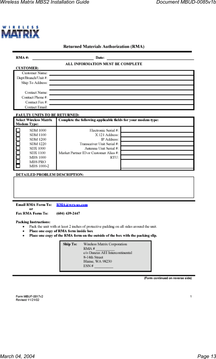 Wireless Matrix MBS2 Installation Guide      Document MBUD-0085v1b   March 04, 2004    Page 13 