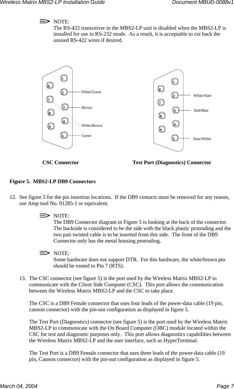 Wireless Matrix MBS2-LP Installation Guide      Document MBUD-0088v1  March 04, 2004    Page 7   NOTE: The RS-422 transceiver in the MBS2-LP unit is disabled when the MBS2-LP is installed for use in RS-232 mode.  As a result, it is acceptable to cut back the unused RS-422 wires if desired.    Green453219876BrownWhite/GreenWhite/BrownSlate/White453219876Red/BlueWhite/Slate                      CSC Connector                            Test Port (Diagnostics) Connector  Figure 5.  MBS2-LP DB9 Connectors  12. See figure 5 for the pin insertion locations.  If the DB9 contacts must be removed for any reason, use Amp tool No. 91285-1 or equivalent.    NOTE: The DB9 Connector diagram in Figure 5 is looking at the back of the connector.  The backside is considered to be the side with the black plastic protruding and the two pair twisted cable is to be inserted from this side.  The front of the DB9 Connector only has the metal housing protruding.    NOTE: Some hardware does not support DTR.  For this hardware, the white/brown pin should be routed to Pin 7 (RTS).  13. The CSC connector (see figure 5) is the port used by the Wireless Matrix MBS2-LP to communicate with the Client Side Computer (CSC).  This port allows the communication between the Wireless Matrix MBS2-LP and the CSC to take place.  The CSC is a DB9 Female connector that uses four leads of the power-data cable (19 pin, cannon connector) with the pin-out configuration as displayed in figure 5.  The Test Port (Diagnostics) connector (see figure 5) is the port used by the Wireless Matrix MBS2-LP to communicate with the On Board Computer (OBC) module located within the CSC for test and diagnostic purposes only.  This port allows diagnostics capabilities between the Wireless Matrix MBS2-LP and the user interface, such as HyperTerminal.  The Test Port is a DB9 Female connector that uses three leads of the power-data cable (19 pin, Cannon connector) with the pin-out configuration as displayed in figure 5.  