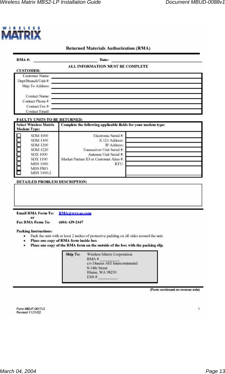 Wireless Matrix MBS2-LP Installation Guide      Document MBUD-0088v1  March 04, 2004    Page 13  