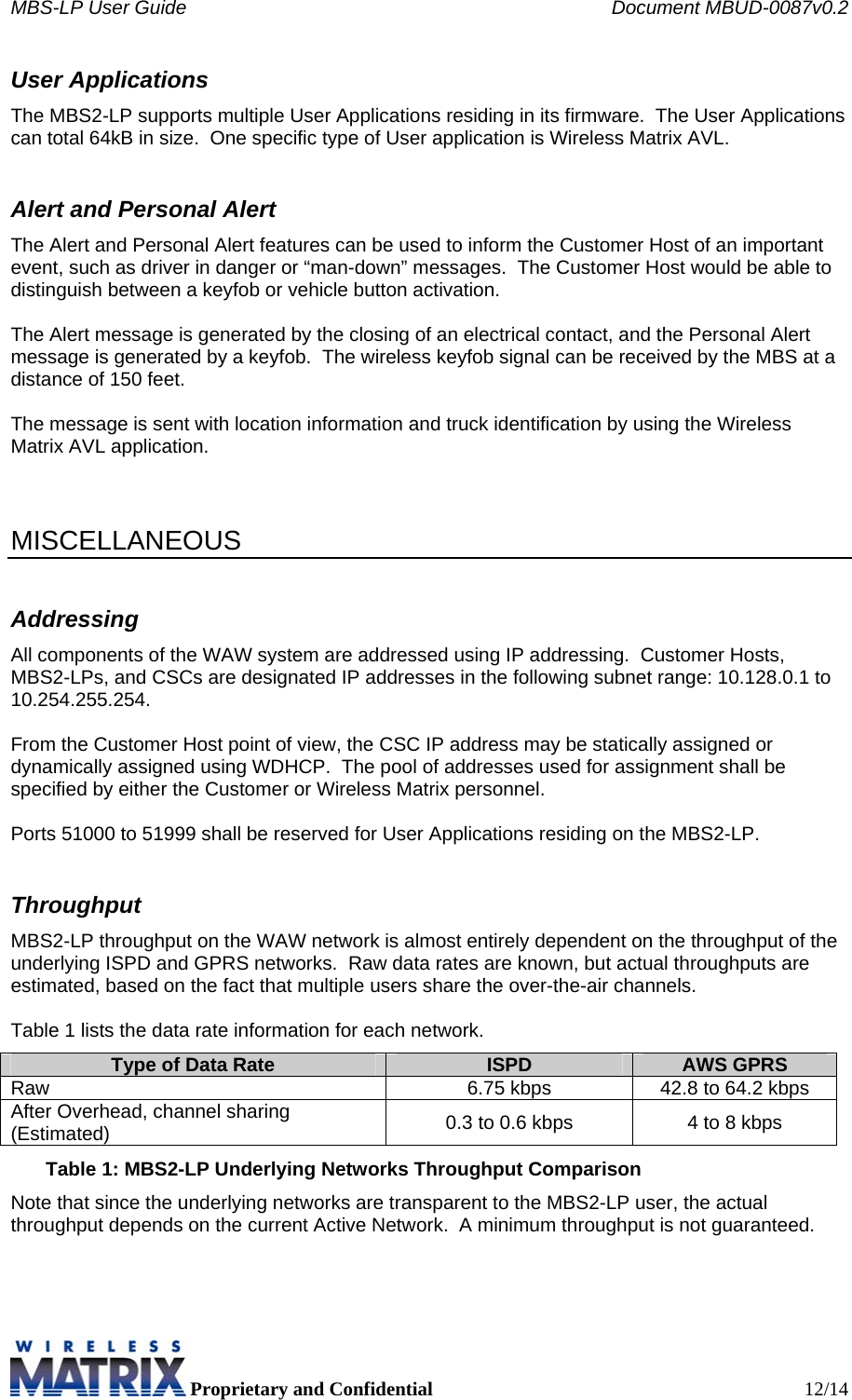 MBS-LP User Guide    Document MBUD-0087v0.2  Proprietary and Confidential  12/14 User Applications The MBS2-LP supports multiple User Applications residing in its firmware.  The User Applications can total 64kB in size.  One specific type of User application is Wireless Matrix AVL. Alert and Personal Alert The Alert and Personal Alert features can be used to inform the Customer Host of an important event, such as driver in danger or “man-down” messages.  The Customer Host would be able to distinguish between a keyfob or vehicle button activation.  The Alert message is generated by the closing of an electrical contact, and the Personal Alert message is generated by a keyfob.  The wireless keyfob signal can be received by the MBS at a distance of 150 feet.    The message is sent with location information and truck identification by using the Wireless Matrix AVL application.    MISCELLANEOUS Addressing All components of the WAW system are addressed using IP addressing.  Customer Hosts, MBS2-LPs, and CSCs are designated IP addresses in the following subnet range: 10.128.0.1 to 10.254.255.254.    From the Customer Host point of view, the CSC IP address may be statically assigned or dynamically assigned using WDHCP.  The pool of addresses used for assignment shall be specified by either the Customer or Wireless Matrix personnel.    Ports 51000 to 51999 shall be reserved for User Applications residing on the MBS2-LP. Throughput MBS2-LP throughput on the WAW network is almost entirely dependent on the throughput of the underlying ISPD and GPRS networks.  Raw data rates are known, but actual throughputs are estimated, based on the fact that multiple users share the over-the-air channels.  Table 1 lists the data rate information for each network. Type of Data Rate  ISPD  AWS GPRS Raw  6.75 kbps  42.8 to 64.2 kbps After Overhead, channel sharing (Estimated)  0.3 to 0.6 kbps  4 to 8 kbps Table 1: MBS2-LP Underlying Networks Throughput Comparison Note that since the underlying networks are transparent to the MBS2-LP user, the actual throughput depends on the current Active Network.  A minimum throughput is not guaranteed. 