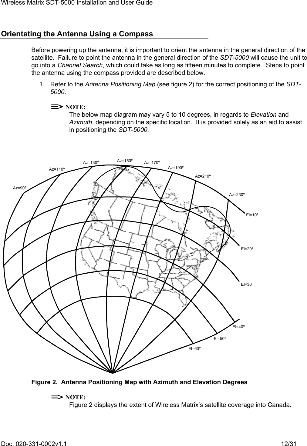 Wireless Matrix SDT-5000 Installation and User Guide Doc. 020-331-0002v1.1    12/31 Orientating the Antenna Using a Compass Before powering up the antenna, it is important to orient the antenna in the general direction of the satellite.  Failure to point the antenna in the general direction of the SDT-5000 will cause the unit to go into a Channel Search, which could take as long as fifteen minutes to complete.  Steps to point the antenna using the compass provided are described below.   1.  Refer to the Antenna Positioning Map (see figure 2) for the correct positioning of the SDT-5000.  NOTE: The below map diagram may vary 5 to 10 degrees, in regards to Elevation and Azimuth, depending on the specific location.  It is provided solely as an aid to assist in positioning the SDT-5000. Az=90ºAz=110ºAz=130º Az=150º Az=170ºAz=190ºAz=210ºAz=230ºEl=10ºEl=20ºEl=30ºEl=40ºEl=50ºEl=60º Figure 2.  Antenna Positioning Map with Azimuth and Elevation Degrees  NOTE: Figure 2 displays the extent of Wireless Matrix’s satellite coverage into Canada. 