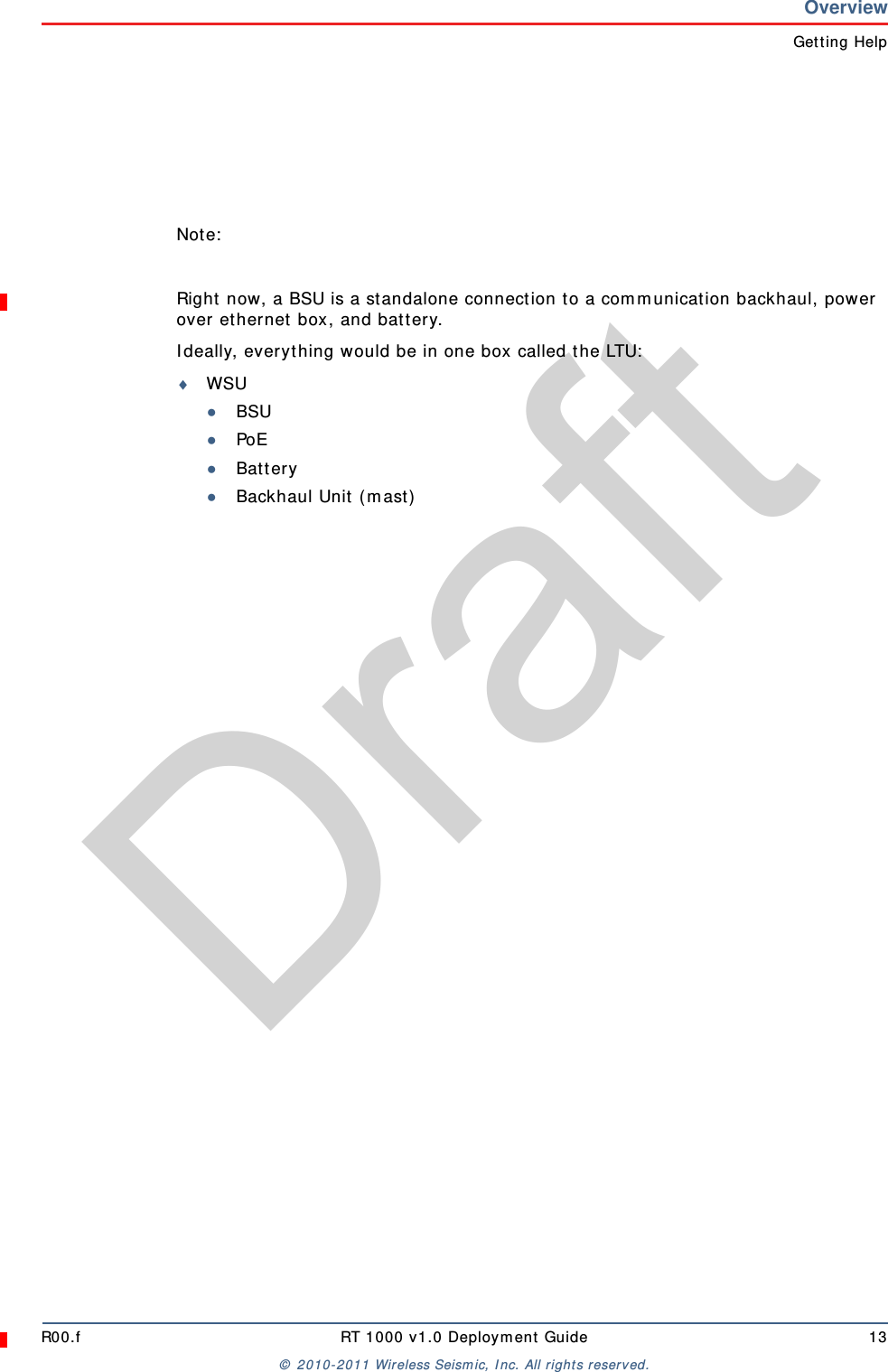 DraftR00.f RT 1000 v1.0 Deployment Guide 13© 2010-2011 Wireless Seismic, Inc. All rights reserved.OverviewGetting HelpNote:Right now, a BSU is a standalone connection to a communication backhaul, power over ethernet box, and battery. Ideally, everything would be in one box called the LTU:WSU●BSU●PoE●Battery●Backhaul Unit (mast)