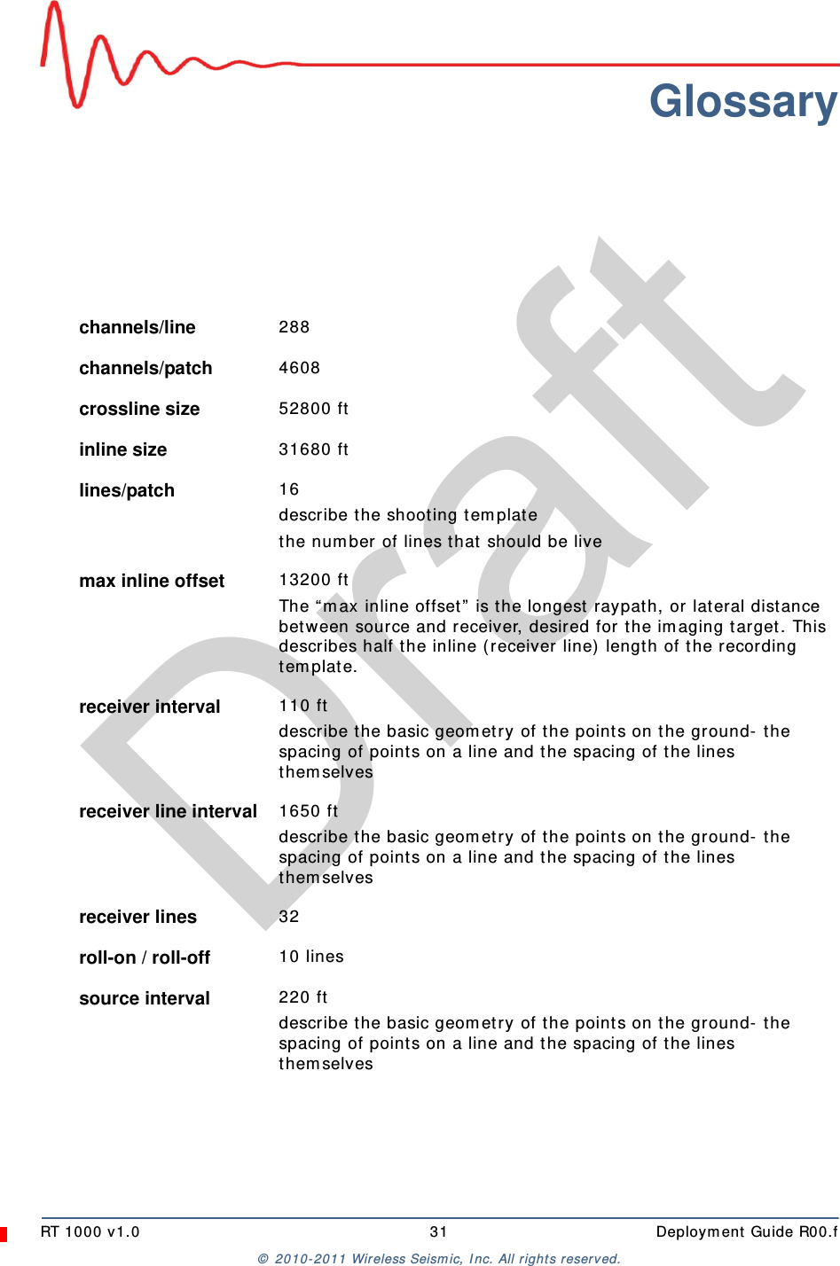 DraftRT 1000 v1.0 31  Deployment Guide R00.f© 2010-2011 Wireless Seismic, Inc. All rights reserved.Glossarychannels/line  288channels/patch  4608crossline size  52800 ftinline size  31680 ftlines/patch  16describe the shooting templatethe number of lines that should be livemax inline offset  13200 ftThe “max inline offset” is the longest raypath, or lateral distance between source and receiver, desired for the imaging target. This describes half the inline (receiver line) length of the recording template. receiver interval  110 ftdescribe the basic geometry of the points on the ground- the spacing of points on a line and the spacing of the lines themselvesreceiver line interval  1650 ftdescribe the basic geometry of the points on the ground- the spacing of points on a line and the spacing of the lines themselvesreceiver lines  32roll-on / roll-off  10 linessource interval  220 ftdescribe the basic geometry of the points on the ground- the spacing of points on a line and the spacing of the lines themselves