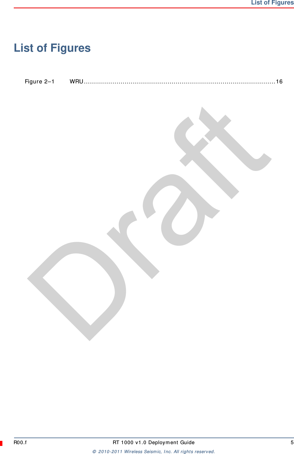 DraftR00.f RT 1000 v1.0 Deployment Guide 5© 2010-2011 Wireless Seismic, Inc. All rights reserved.List of FiguresList of FiguresFigure 2–1 WRU..............................................................................................16