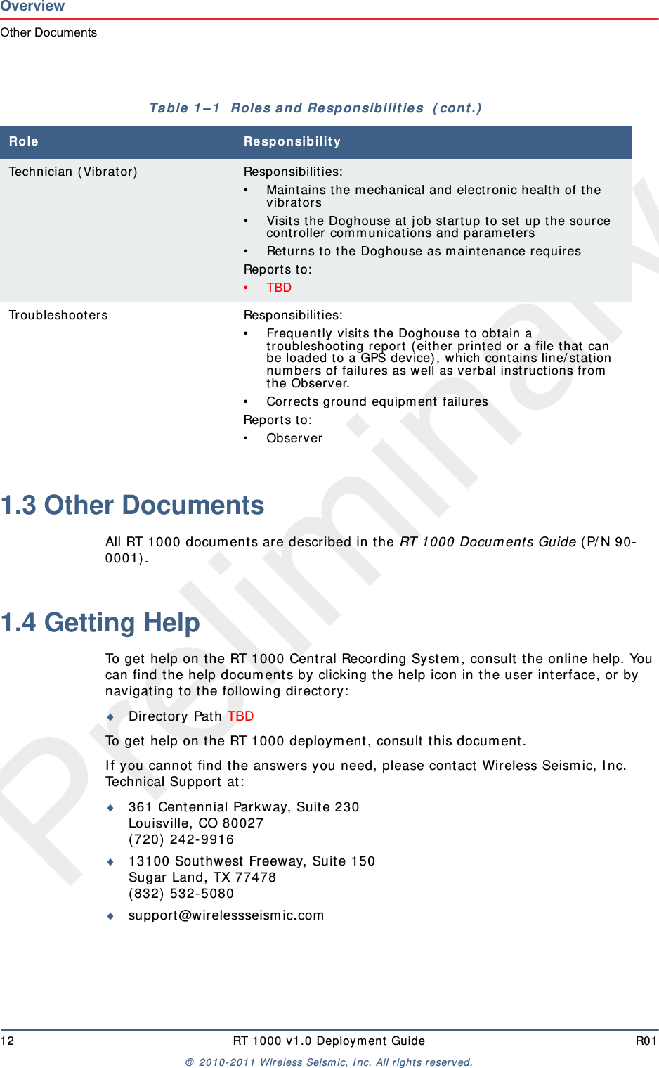 Preliminary12 RT 1000 v 1.0 Deploym ent  Guide R01©  2010- 2011 Wireless Seism ic, I nc.  All r ight s reserved.OverviewOther Documents1.3 Other DocumentsAll RT 1000 docum ent s are described in t he RT 1000 Docum ent s Guide ( P/ N 90-000 1) .1.4 Getting HelpTo get  help on t he RT 1000 Cent ral Recording Syst em , consult  t he online help. You can find t he help docum ent s by clicking t he help icon in t he user interface, or by navigat ing to t he follow ing directory:Direct ory Pat h TBDTo get  help on t he RT 1000 deploym ent , consult  t his docum ent . I f you cannot  find the answers you need, please contact Wireless Seism ic, I nc. Technical Support  at :361 Cent ennial Parkway, Suit e 230Louisville, CO 80027( 720)  242- 991613100 Sout hwest  Freeway, Suit e 150Sugar Land, TX 77478( 832)  532- 5080suppor t@wirelessseism ic.comTechnician ( Vibrator) Responsibilities:• Maint ains t he m echanical and elect ronic health of t he vibrators• Visits t he Doghouse at  j ob start up t o set  up t he source cont r oller com m unications and param eters• Ret urns t o t he Doghouse as m aintenance requiresReport s t o:• TBDTroubleshoot ers Responsibilit ies:• Frequent ly visits t he Doghouse t o obt ain a troubleshoot ing report  ( either print ed or a file t hat  can be loaded t o a GPS device) , which cont ains line/ st ation num bers of failures as well as verbal instructions from  the Observer.• Correct s ground equipm ent  failuresReport s t o:• ObserverTable  1 – 1   Roles a nd Re sponsibilit ie s  ( cont .)Role Re sp on sibilit y