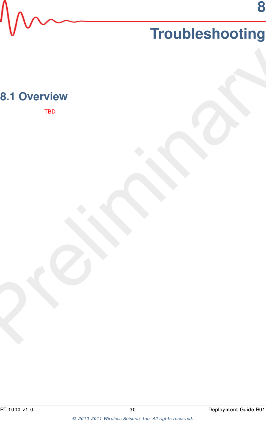 PreliminaryRT 1000 v1.0 30  Deploym ent  Guide R01©  2010- 2011 Wireless Seism ic, I nc.  All r ight s reserved.8Troubleshooting8.1 OverviewTBD 