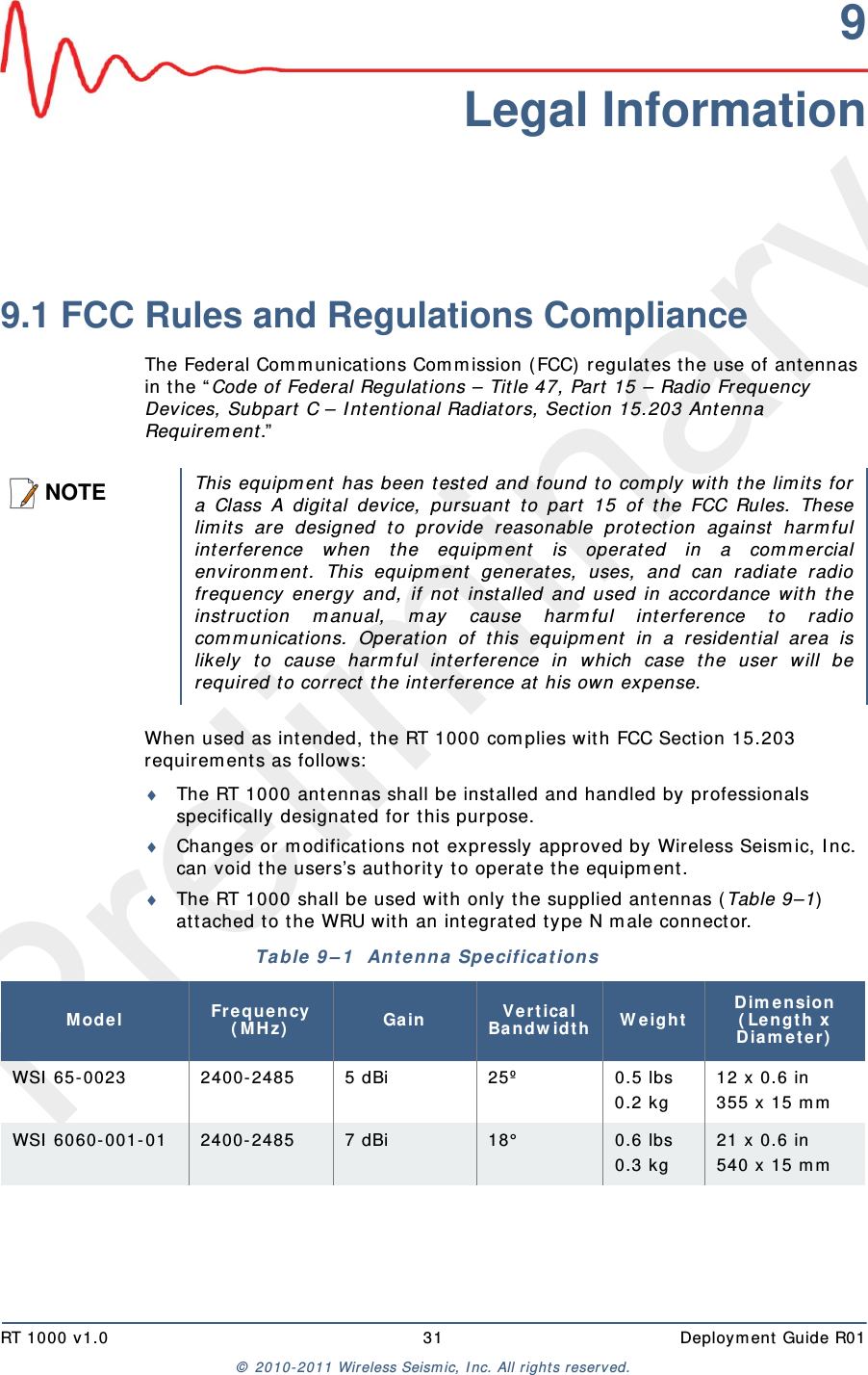 PreliminaryRT 1000 v1.0 31  Deploym ent  Guide R01©  2010- 2011 Wireless Seism ic, I nc.  All r ight s reserved.9Legal Information9.1 FCC Rules and Regulations ComplianceThe Federal Com m unications Com m ission ( FCC) regulat es t he use of antennas in t he “ Code of Federal Regulat ions – Title 47, Part  15 – Radio Frequency Devices, Subpart  C – I nt entional Radiat ors, Section 15.203 Ant enna Requirem ent .”  When used as int ended, t he RT 1000 com plies wit h FCC Section 15.203 requirem ent s as follows:The RT 1000 ant ennas shall be installed and handled by professionals specifically designated for t his purpose.Changes or  m odifications not expressly approved by Wireless Seism ic, I nc. can void t he users’s aut horit y t o operat e t he equipm ent. The RT 1000 shall be used wit h only t he supplied ant ennas (Table 9–1)  att ached t o t he WRU w it h an int egrat ed t ype N m ale connect or.NOTEThis equipm ent  has been t ested and found t o com ply wit h the lim it s fora Class A digit al device, pursuant t o part  15 of t he FCC Rules. Theselim it s are designed t o provide reasonable prot ect ion against  harm fulint erference when t he equipm ent  is operat ed in a com m ercialenvironm ent . This equipm ent  generat es, uses, and can radiat e radiofrequency energy and, if not  installed and used in accordance w it h t heinstruction m anual, m ay cause harm ful int erference t o radiocom m unications. Operat ion of t his equipm ent  in a resident ial area islikely t o cause harm ful int erference in which case t he user will berequired t o correct t he interference at  his own expense.Table  9 – 1   Ant e nn a  Specificat ions Mode l Fr e que ncy ( MH z) Gain V e r t ical Ban dw idt h W eigh tDim ension  ( Le n gt h x  D ia m e t e r )WSI  65- 0023 2400- 2485 5 dBi 25º 0.5 lbs 0.2 kg12 x 0.6 in355 x 15 m mWSI  6060- 001- 01 240 0- 2485 7 dBi 18° 0.6 lbs 0.3 kg21 x 0.6 in540 x 15 m m