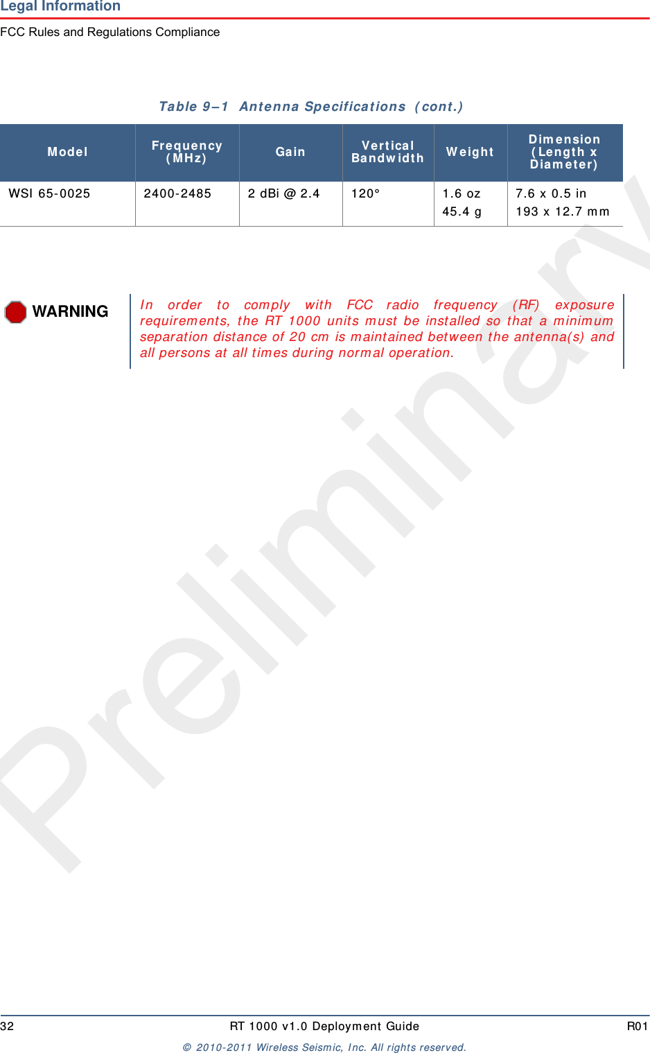 Preliminary32 RT 1000 v 1.0 Deploym ent  Guide R01©  2010- 2011 Wireless Seism ic, I nc.  All r ight s reserved.Legal InformationFCC Rules and Regulations ComplianceWSI  65- 0025 2400- 2485 2 dBi @ 2.4 120°   1.6 oz 45.4 g7.6 x 0.5 in193 x 12.7 m mTa ble 9 – 1   An t e n n a  Specifica t ions  ( cont .)Mode l Fr e que ncy ( MH z) Gain V e r t ical Ban dw idt h W eigh tDim ension  ( Le n gt h x  D ia m e t e r )WARNINGI n order t o com ply w it h FCC radio frequency ( RF)  exposurerequirem ent s, t he RT 1000 unit s m ust  be installed so t hat  a m inim umseparation dist ance of 20 cm  is m aint ained bet w een t he antenna( s)  andall persons at  all t im es during norm al operat ion.