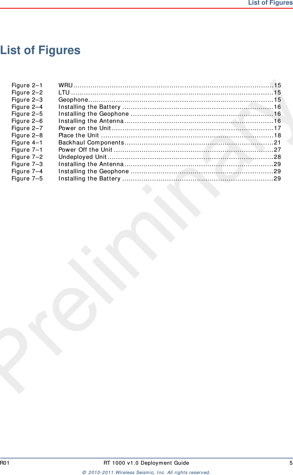 PreliminaryR01 RT 1000 v1.0 Deploym ent  Guide 5©  2010- 2011 Wireless Seism ic, I nc.  All rights reserved.List of FiguresList of FiguresFigure 2–1 WRU .............................................................................................. 15Figure 2–2 LTU ...............................................................................................15Figure 2–3 Geophone....................................................................................... 15Figur e 2–4 I nstalling t he Bat t ery ....................................................................... 16Figur e 2–5 I nstalling t he Geophone ................................................................... 16Figur e 2–6 I nstalling t he Ant enna ......................................................................16Figure 2–7 Power on t he Unit ............................................................................ 17Figure 2–8 Place t he Unit ................................................................................. 18Figure 4–1 Backhaul Com ponent s...................................................................... 21Figure 7–1 Power Off t he Unit ........................................................................... 27Figure 7–2 Undeployed Unit .............................................................................. 28Figur e 7–3 I nstalling t he Ant enna ......................................................................29Figur e 7–4 I nstalling t he Geophone ................................................................... 29Figur e 7–5 I nstalling t he Bat t ery ....................................................................... 29