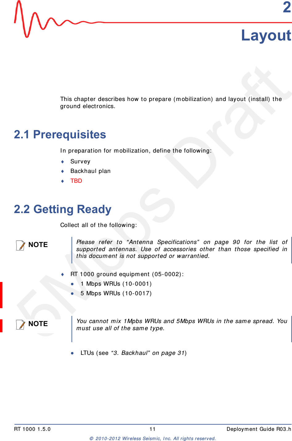 5Mbps DraftRT 1000 1.5.0 11  Deployment Guide R03.h© 2010-2012 Wireless Seismic, Inc. All rights reserved.22. LayoutThis chapter describes how to prepare (mobilization) and layout (install) the ground electronics. 2.1 PrerequisitesIn preparation for mobilization, define the following:SurveyBackhaul planTBD 2.2 Getting ReadyCollect all of the following:RT 1000 ground equipment (05-0002):●1 Mbps WRUs (10-0001)●5 Mbps WRUs (10-0017)●LTUs (see “3. Backhaul” on page 31)NOTEPlease refer to “Antenna Specifications” on page 90 for the list ofsupported antennas. Use of accessories other than those specified inthis document is not supported or warrantied.NOTEYou cannot mix 1Mpbs WRUs and 5Mbps WRUs in the same spread. Youmust use all of the same type.