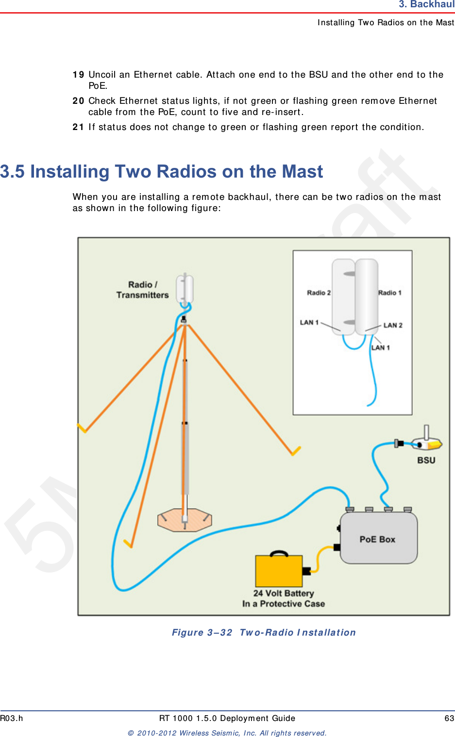 5Mbps DraftR03.h RT 1000 1.5.0 Deployment Guide 63&copy; 2010-2012 Wireless Seismic, Inc. All rights reserved.3. BackhaulInstalling Two Radios on the Mast19 Uncoil an Ethernet cable. Attach one end to the BSU and the other end to the PoE.20 Check Ethernet status lights, if not green or flashing green remove Ethernet cable from the PoE, count to five and re-insert.21 If status does not change to green or flashing green report the condition. 3.5 Installing Two Radios on the MastWhen you are installing a remote backhaul, there can be two radios on the mast as shown in the following figure: Figure 3&ndash;32  Two-Radio Installation