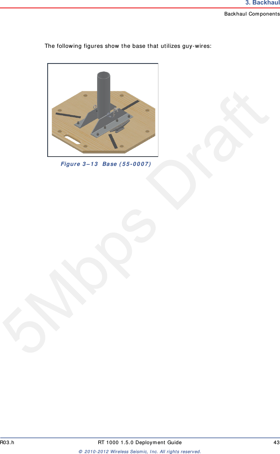 5Mbps DraftR03.h RT 1000 1.5.0 Deployment Guide 43&copy; 2010-2012 Wireless Seismic, Inc. All rights reserved.3. BackhaulBackhaul ComponentsThe following figures show the base that utilizes guy-wires:Figure 3&ndash;13  Base (55-0007)