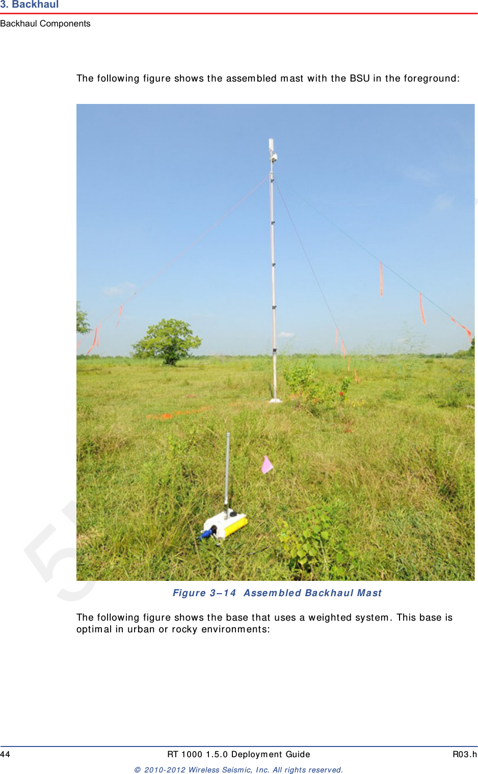5Mbps Draft44 RT 1000 1.5.0 Deployment Guide R03.h&copy; 2010-2012 Wireless Seismic, Inc. All rights reserved.3. BackhaulBackhaul ComponentsThe following figure shows the assembled mast with the BSU in the foreground:The following figure shows the base that uses a weighted system. This base is optimal in urban or rocky environments:Figure 3&ndash;14  Assembled Backhaul Mast