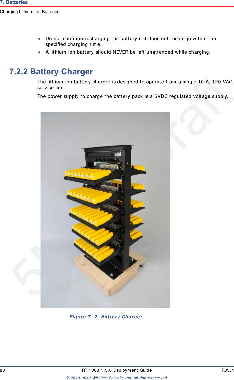 5Mbps Draft80 RT 1000 1.5.0 Deployment Guide R03.h&copy; 2010-2012 Wireless Seismic, Inc. All rights reserved.7. BatteriesCharging Lithium Ion BatteriesDo not continue recharging the battery if it does not recharge within the specified charging time.A lithium ion battery should NEVER be left unattended while charging.7.2.2 Battery ChargerThe lithium ion battery charger is designed to operate from a single 10 A, 120 VAC service line.The power supply to charge the battery pack is a 5VDC regulated voltage supply.Figure 7&ndash;2  Battery Charger