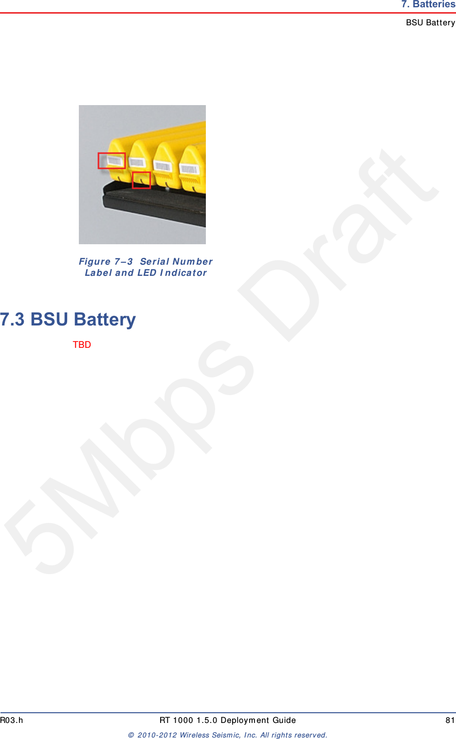 5Mbps DraftR03.h RT 1000 1.5.0 Deployment Guide 81&copy; 2010-2012 Wireless Seismic, Inc. All rights reserved.7. BatteriesBSU Battery7.3 BSU BatteryTBD Figure 7&ndash;3  Serial Number Label and LED Indicator