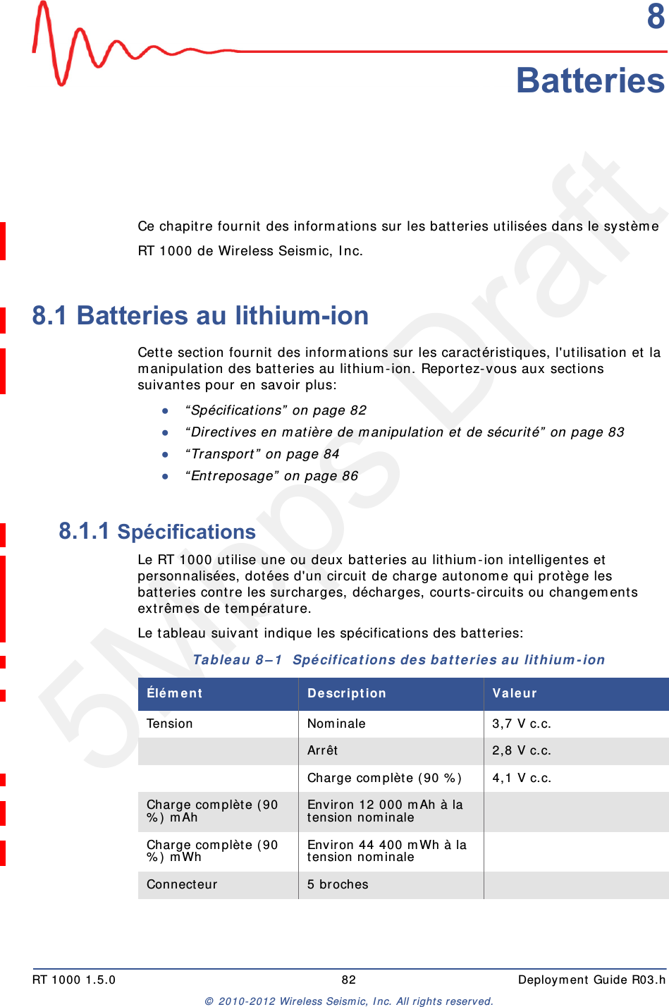 5Mbps DraftRT 1000 1.5.0 82  Deployment Guide R03.h&copy; 2010-2012 Wireless Seismic, Inc. All rights reserved.88. BatteriesCe chapitre fournit des informations sur les batteries utilis&eacute;es dans le syst&egrave;me RT 1000 de Wireless Seismic, Inc. 8.1 Batteries au lithium-ionCette section fournit des informations sur les caract&eacute;ristiques, l'utilisation et la manipulation des batteries au lithium-ion. Reportez-vous aux sections suivantes pour en savoir plus:●&ldquo;Sp&eacute;cifications&rdquo; on page 82●&ldquo;Directives en mati&egrave;re de manipulation et de s&eacute;curit&eacute;&rdquo; on page 83●&ldquo;Transport&rdquo; on page 84●&ldquo;Entreposage&rdquo; on page 868.1.1 Sp&eacute;cificationsLe RT 1000 utilise une ou deux batteries au lithium-ion intelligentes et personnalis&eacute;es, dot&eacute;es d'un circuit de charge autonome qui prot&egrave;ge les batteries contre les surcharges, d&eacute;charges, courts-circuits ou changements extr&ecirc;mes de temp&eacute;rature.Le tableau suivant indique les sp&eacute;cifications des batteries:Tableau 8&ndash;1  Sp&eacute;cifications des batteries au lithium-ion &Eacute;l&eacute;ment Description ValeurTension Nominale 3,7 V c.c.Arr&ecirc;t 2,8 V c.c.Charge compl&egrave;te (90 %) 4,1 V c.c.Charge compl&egrave;te (90 %) mAh Environ 12 000 mAh &agrave; la tension nominaleCharge compl&egrave;te (90 %) mWh Environ 44 400 mWh &agrave; la tension nominaleConnecteur 5 broches