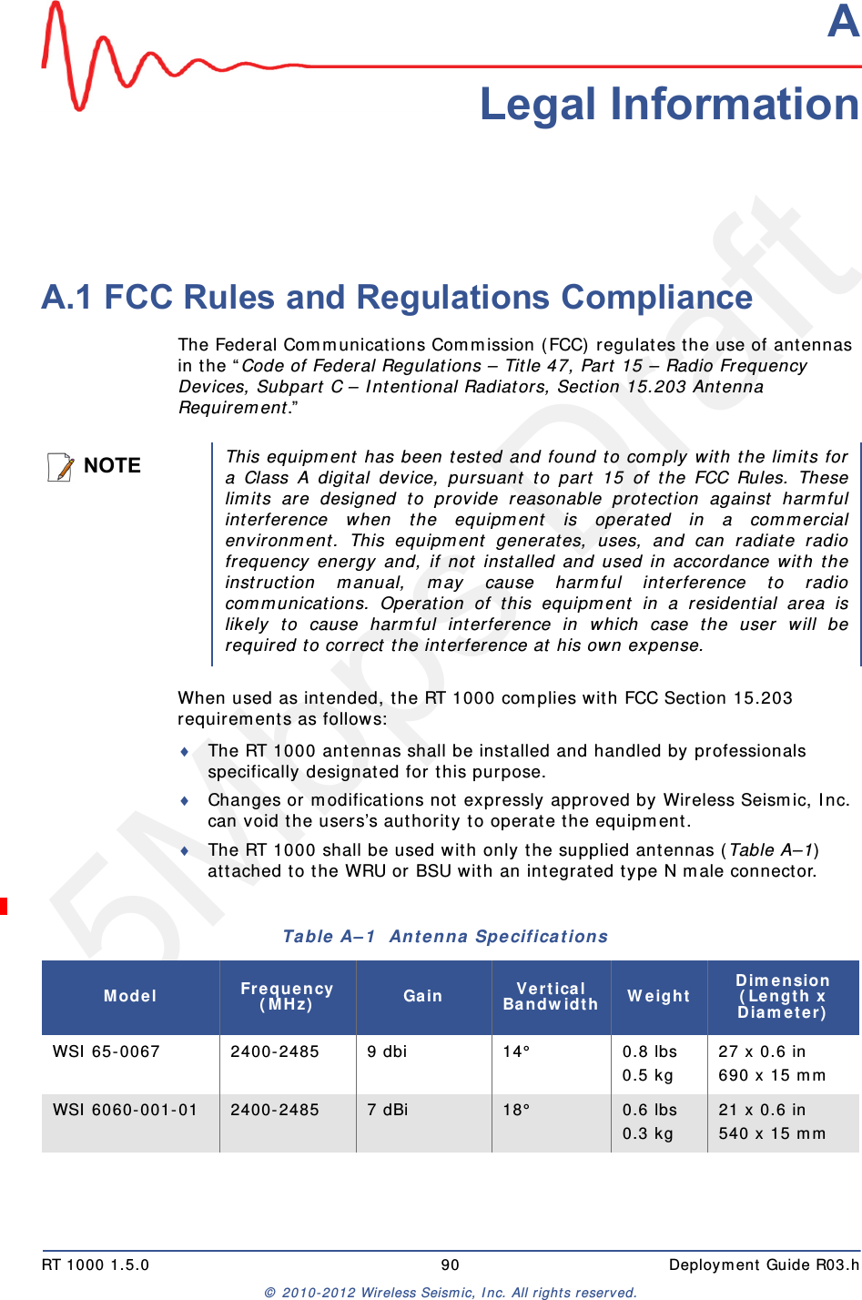 5Mbps DraftRT 1000 1.5.0 90  Deployment Guide R03.h&copy; 2010-2012 Wireless Seismic, Inc. All rights reserved.AA. Legal InformationA.1 FCC Rules and Regulations ComplianceThe Federal Communications Commission (FCC) regulates the use of antennas in the &ldquo;Code of Federal Regulations &ndash; Title 47, Part 15 &ndash; Radio Frequency Devices, Subpart C &ndash; Intentional Radiators, Section 15.203 Antenna Requirement.&rdquo; When used as intended, the RT 1000 complies with FCC Section 15.203 requirements as follows:The RT 1000 antennas shall be installed and handled by professionals specifically designated for this purpose.Changes or modifications not expressly approved by Wireless Seismic, Inc. can void the users&rsquo;s authority to operate the equipment. The RT 1000 shall be used with only the supplied antennas (Table A&ndash;1) attached to the WRU or BSU with an integrated type N male connector.NOTEThis equipment has been tested and found to comply with the limits fora Class A digital device, pursuant to part 15 of the FCC Rules. Theselimits are designed to provide reasonable protection against harmfulinterference when the equipment is operated in a commercialenvironment. This equipment generates, uses, and can radiate radiofrequency energy and, if not installed and used in accordance with theinstruction manual, may cause harmful interference to radiocommunications. Operation of this equipment in a residential area islikely to cause harmful interference in which case the user will berequired to correct the interference at his own expense.Table A&ndash;1  Antenna Specifications Model Frequency (MHz) Gain Vertical Bandwidth Weight Dimension (Length x Diameter)WSI 65-0067 2400-2485 9 dbi 14&deg; 0.8 lbs0.5 kg 27 x 0.6 in690 x 15 mmWSI 6060-001-01 2400-2485 7 dBi 18&deg; 0.6 lbs 0.3 kg 21 x 0.6 in540 x 15 mm