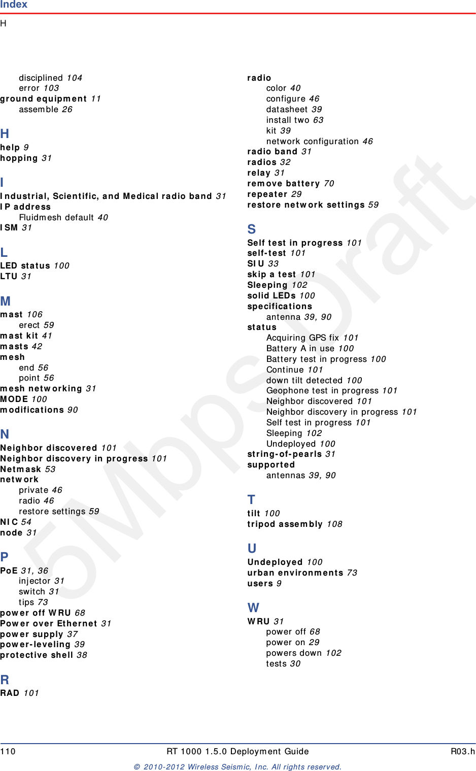 5Mbps DraftIndexH110 RT 1000 1.5.0 Deployment Guide R03.h&copy; 2010-2012 Wireless Seismic, Inc. All rights reserved.disciplined 104error 103ground equipment 11assemble 26Hhelp 9hopping 31IIndustrial, Scientific, and Medical radio band 31IP addressFluidmesh default 40ISM 31LLED status 100LTU 31Mmast 106erect 59mast kit 41masts 42meshend 56point 56mesh networking 31MODE 100modifications 90NNeighbor discovered 101Neighbor discovery in progress 101Netmask 53networkprivate 46radio 46restore settings 59NIC 54node 31PPoE 31, 36injector 31switch 31tips 73power off WRU 68Power over Ethernet 31power supply 37power-leveling 39protective shell 38RRAD 101radiocolor 40configure 46datasheet 39install two 63kit 39network configuration 46radio band 31radios 32relay 31remove battery 70repeater 29restore network settings 59SSelf test in progress 101self-test 101SIU 33skip a test 101Sleeping 102solid LEDs 100specificationsantenna 39, 90statusAcquiring GPS fix 101Battery A in use 100Battery test in progress 100Continue 101down tilt detected 100Geophone test in progress 101Neighbor discovered 101Neighbor discovery in progress 101Self test in progress 101Sleeping 102Undeployed 100string-of-pearls 31supportedantennas 39, 90Ttilt 100tripod assembly 108UUndeployed 100urban environments 73users 9WWRU 31power off 68power on 29powers down 102tests 30