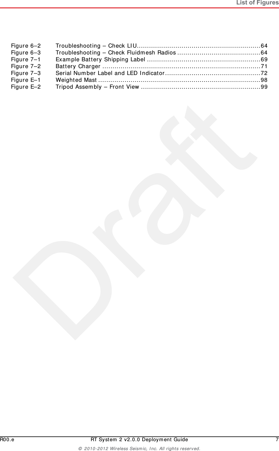 DraftR00.e RT System 2 v2.0.0 Deployment Guide 7© 2010-2012 Wireless Seismic, Inc. All rights reserved.List of FiguresFigure 6–2 Troubleshooting – Check LIU.............................................................64Figure 6–3 Troubleshooting – Check Fluidmesh Radios .........................................64Figure 7–1 Example Battery Shipping Label ........................................................69Figure 7–2 Battery Charger ..............................................................................71Figure 7–3 Serial Number Label and LED Indicator...............................................72Figure E–1 Weighted Mast................................................................................98Figure E–2 Tripod Assembly – Front View ...........................................................99