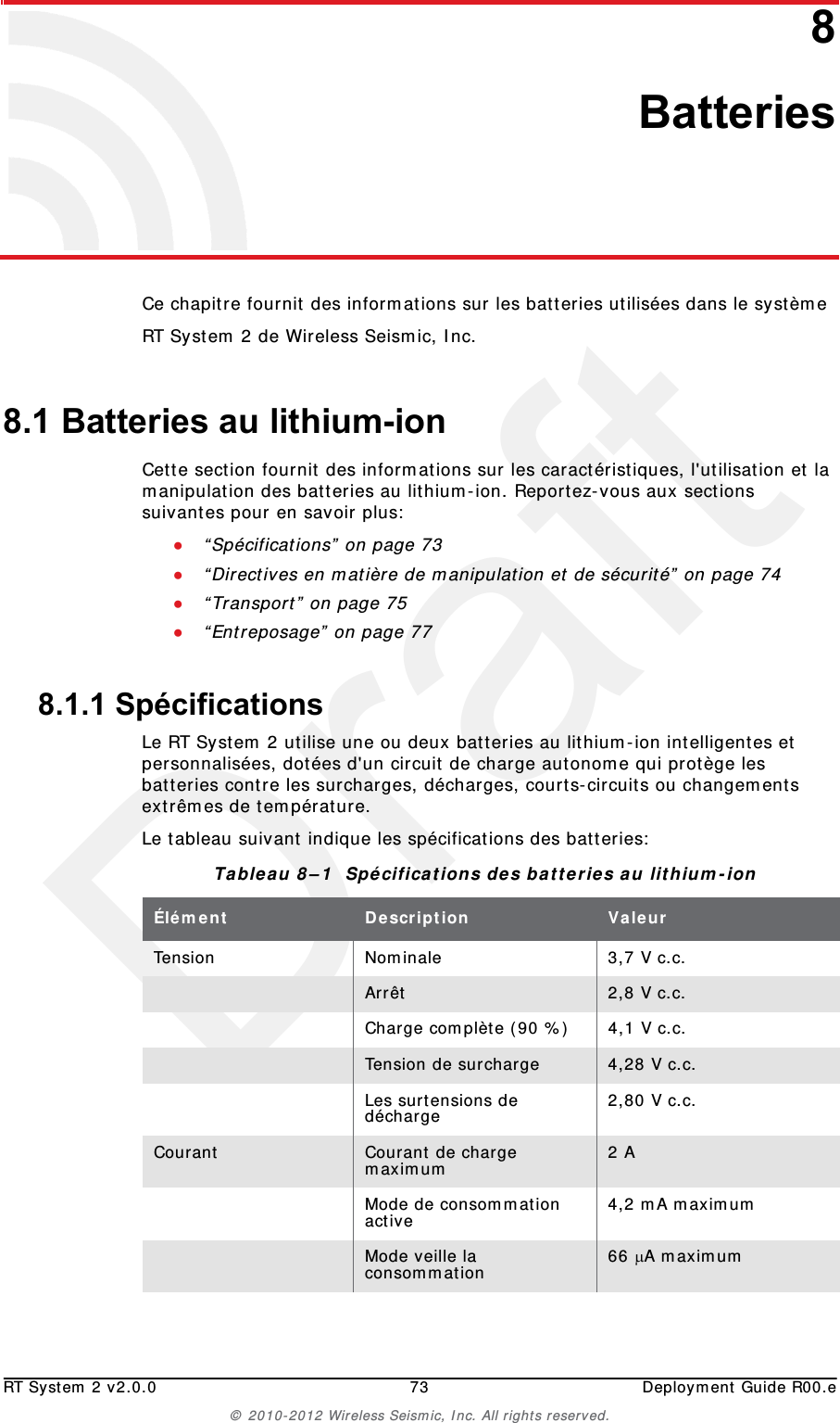 DraftRT System 2 v2.0.0 73  Deployment Guide R00.e© 2010-2012 Wireless Seismic, Inc. All rights reserved.88. BatteriesCe chapitre fournit des informations sur les batteries utilisées dans le système RT System 2 de Wireless Seismic, Inc. 8.1 Batteries au lithium-ionCette section fournit des informations sur les caractéristiques, l&apos;utilisation et la manipulation des batteries au lithium-ion. Reportez-vous aux sections suivantes pour en savoir plus:●“Spécifications” on page 73●“Directives en matière de manipulation et de sécurité” on page 74●“Transport” on page 75●“Entreposage” on page 778.1.1 SpécificationsLe RT System 2 utilise une ou deux batteries au lithium-ion intelligentes et personnalisées, dotées d&apos;un circuit de charge autonome qui protège les batteries contre les surcharges, décharges, courts-circuits ou changements extrêmes de température.Le tableau suivant indique les spécifications des batteries:Tableau 8–1  Spécifications des batteries au lithium-ion Élément Description ValeurTension Nominale 3,7 V c.c.Arrêt 2,8 V c.c.Charge complète (90 %) 4,1 V c.c.Tension de surcharge 4,28 V c.c.Les surtensions de décharge 2,80 V c.c.Courant Courant de charge maximum 2 AMode de consommation active 4,2 mA maximumMode veille la consommation 66 A maximum