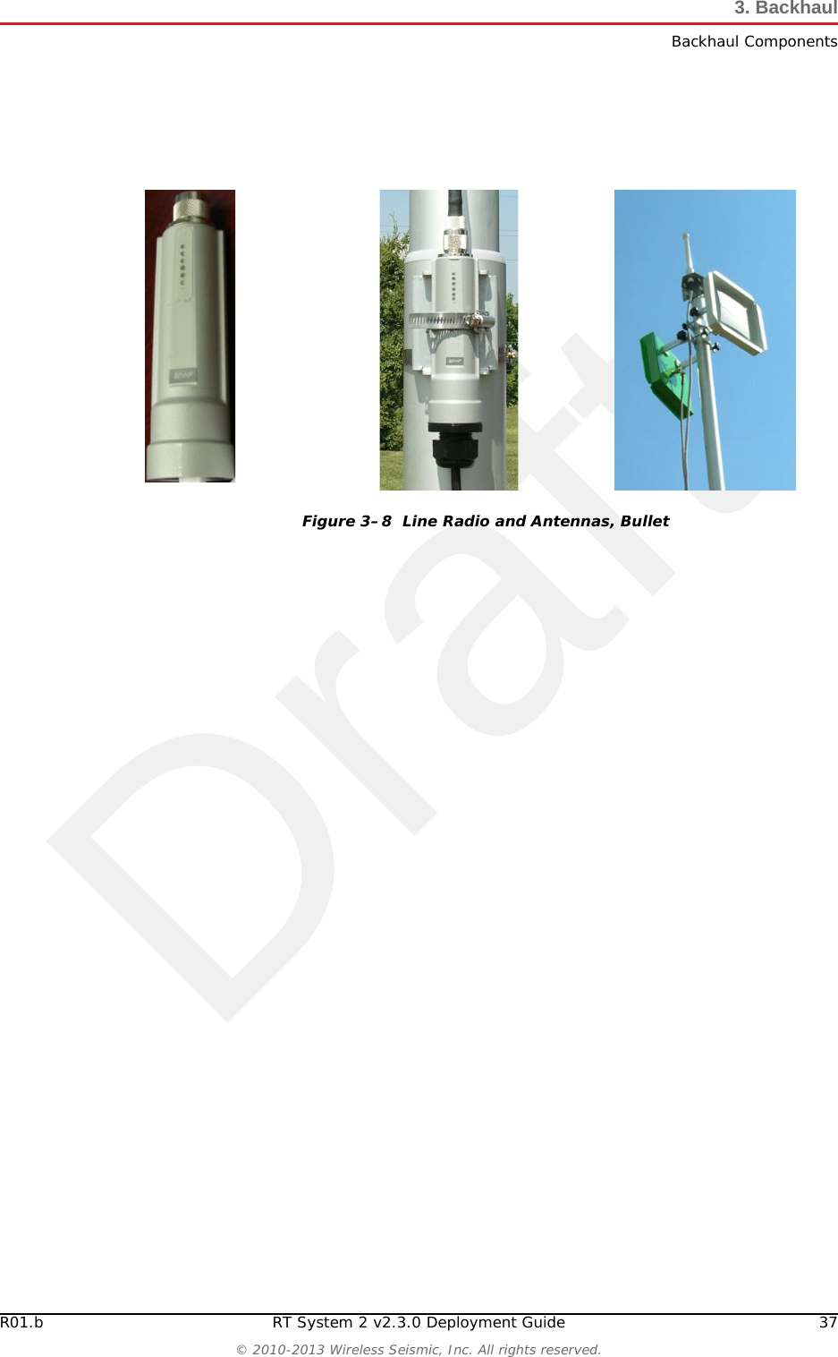DraftR01.b RT System 2 v2.3.0 Deployment Guide 37© 2010-2013 Wireless Seismic, Inc. All rights reserved.3. BackhaulBackhaul ComponentsFigure 3–8  Line Radio and Antennas, Bullet