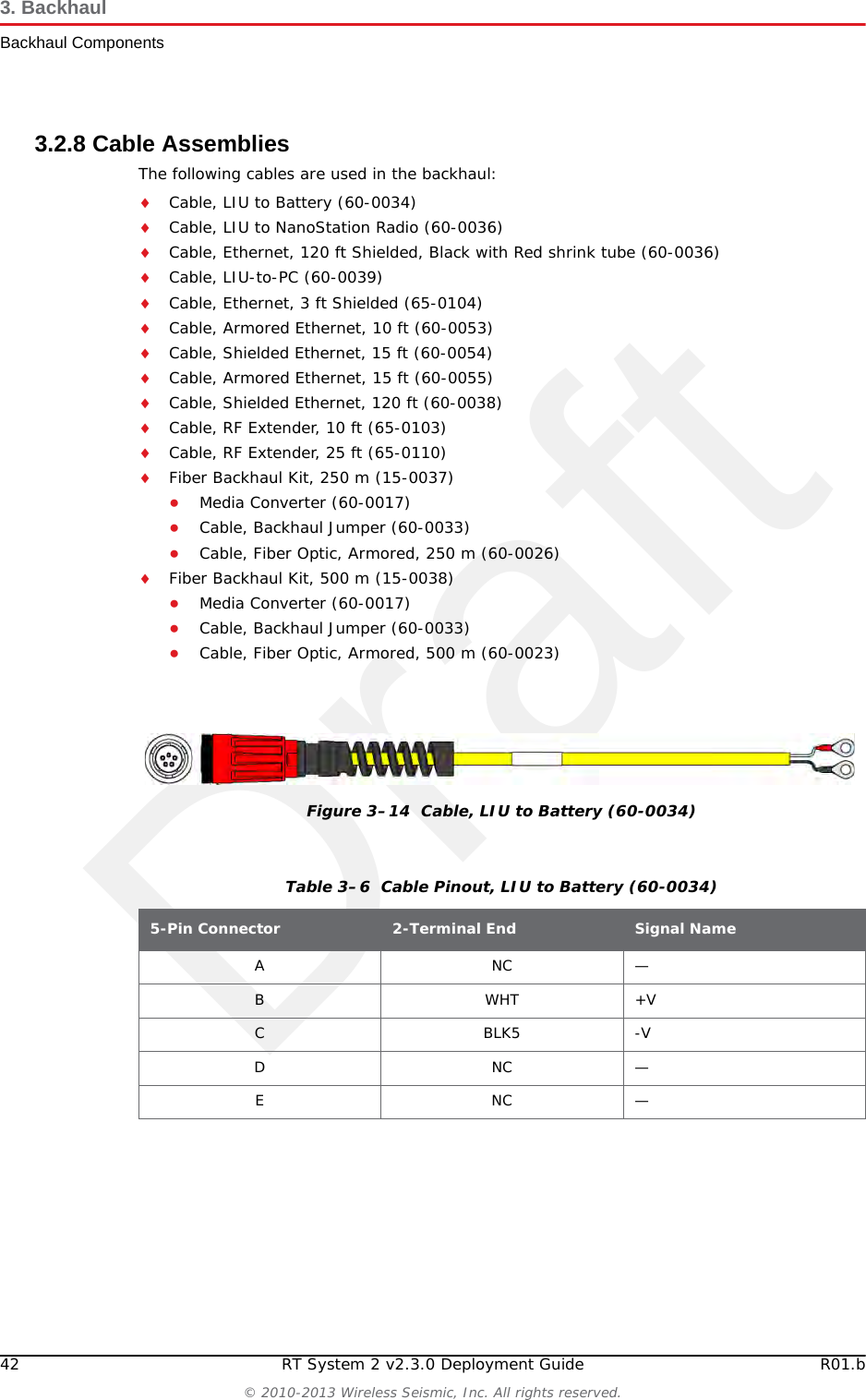 Draft42 RT System 2 v2.3.0 Deployment Guide R01.b© 2010-2013 Wireless Seismic, Inc. All rights reserved.3. BackhaulBackhaul Components3.2.8 Cable AssembliesThe following cables are used in the backhaul:Cable, LIU to Battery (60-0034)Cable, LIU to NanoStation Radio (60-0036)Cable, Ethernet, 120 ft Shielded, Black with Red shrink tube (60-0036)Cable, LIU-to-PC (60-0039)Cable, Ethernet, 3 ft Shielded (65-0104)Cable, Armored Ethernet, 10 ft (60-0053)Cable, Shielded Ethernet, 15 ft (60-0054)Cable, Armored Ethernet, 15 ft (60-0055)Cable, Shielded Ethernet, 120 ft (60-0038)Cable, RF Extender, 10 ft (65-0103)Cable, RF Extender, 25 ft (65-0110)Fiber Backhaul Kit, 250 m (15-0037)●Media Converter (60-0017)●Cable, Backhaul Jumper (60-0033) ●Cable, Fiber Optic, Armored, 250 m (60-0026) Fiber Backhaul Kit, 500 m (15-0038)●Media Converter (60-0017)●Cable, Backhaul Jumper (60-0033) ●Cable, Fiber Optic, Armored, 500 m (60-0023) Figure 3–14  Cable, LIU to Battery (60-0034)Table 3–6  Cable Pinout, LIU to Battery (60-0034)5-Pin Connector 2-Terminal End Signal NameANC—BWHT+VCBLK5-VDNC—ENC—