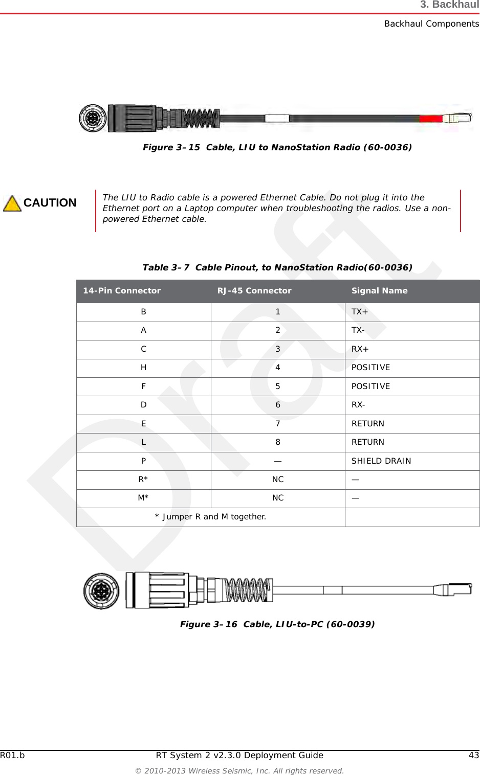 DraftR01.b RT System 2 v2.3.0 Deployment Guide 43© 2010-2013 Wireless Seismic, Inc. All rights reserved.3. BackhaulBackhaul ComponentsFigure 3–15  Cable, LIU to NanoStation Radio (60-0036)CAUTIONThe LIU to Radio cable is a powered Ethernet Cable. Do not plug it into the Ethernet port on a Laptop computer when troubleshooting the radios. Use a non-powered Ethernet cable. Table 3–7  Cable Pinout, to NanoStation Radio(60-0036)14-Pin Connector RJ-45 Connector Signal NameB1TX+A2TX-C3RX+H 4 POSITIVEF 5 POSITIVED6RX-E 7 RETURNL 8 RETURNP — SHIELD DRAINR* NC —M* NC —* Jumper R and M together.Figure 3–16  Cable, LIU-to-PC (60-0039)