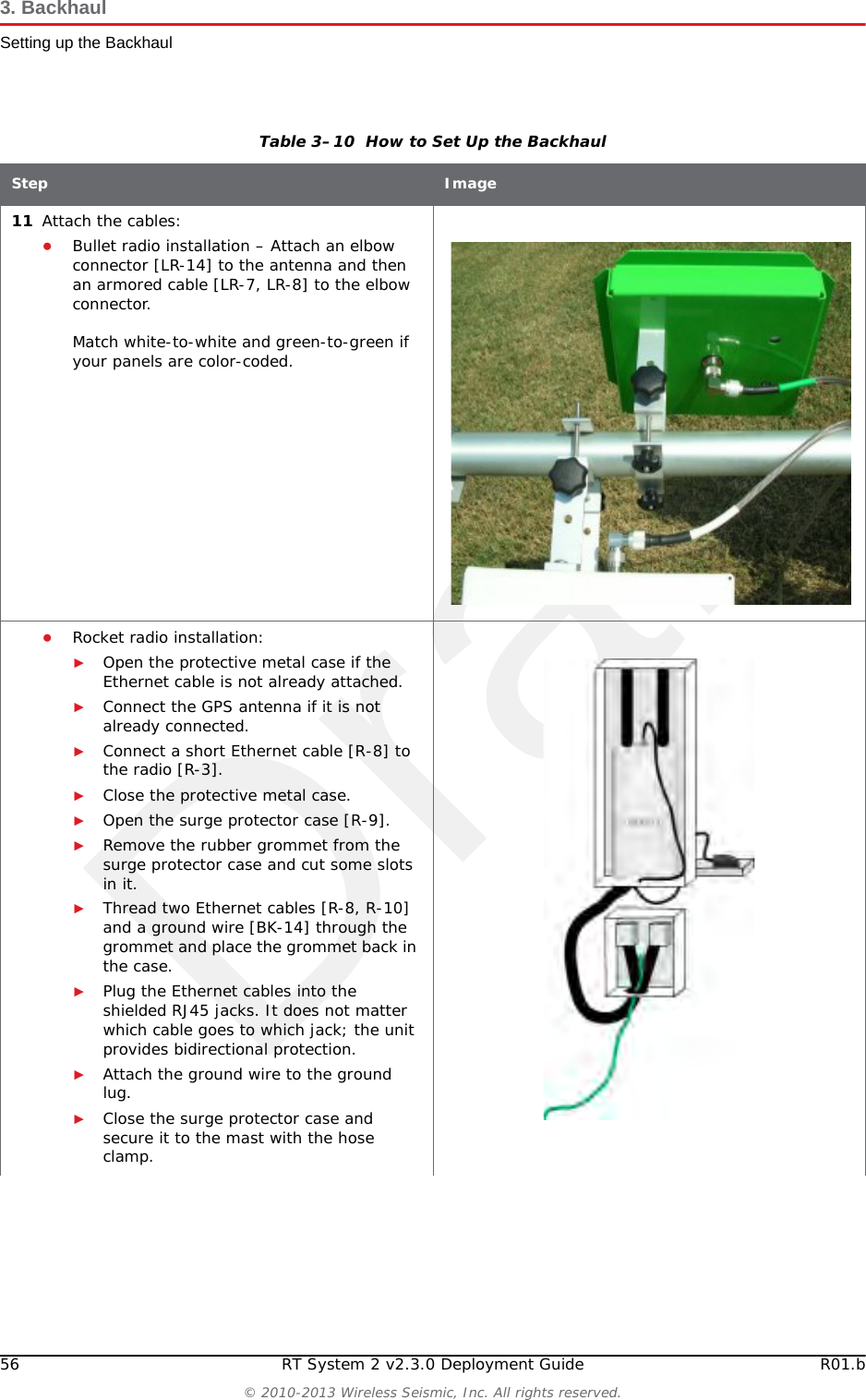 Draft56 RT System 2 v2.3.0 Deployment Guide R01.b© 2010-2013 Wireless Seismic, Inc. All rights reserved.3. BackhaulSetting up the Backhaul11 Attach the cables:●Bullet radio installation – Attach an elbow connector [LR-14] to the antenna and then an armored cable [LR-7, LR-8] to the elbow connector. Match white-to-white and green-to-green if your panels are color-coded. ●Rocket radio installation:►Open the protective metal case if the Ethernet cable is not already attached.►Connect the GPS antenna if it is not already connected.►Connect a short Ethernet cable [R-8] to the radio [R-3]. ►Close the protective metal case.►Open the surge protector case [R-9]. ►Remove the rubber grommet from the surge protector case and cut some slots in it. ►Thread two Ethernet cables [R-8, R-10] and a ground wire [BK-14] through the grommet and place the grommet back in the case.►Plug the Ethernet cables into the shielded RJ45 jacks. It does not matter which cable goes to which jack; the unit provides bidirectional protection.►Attach the ground wire to the ground lug.►Close the surge protector case and secure it to the mast with the hose clamp.Table 3–10  How to Set Up the BackhaulStep Image