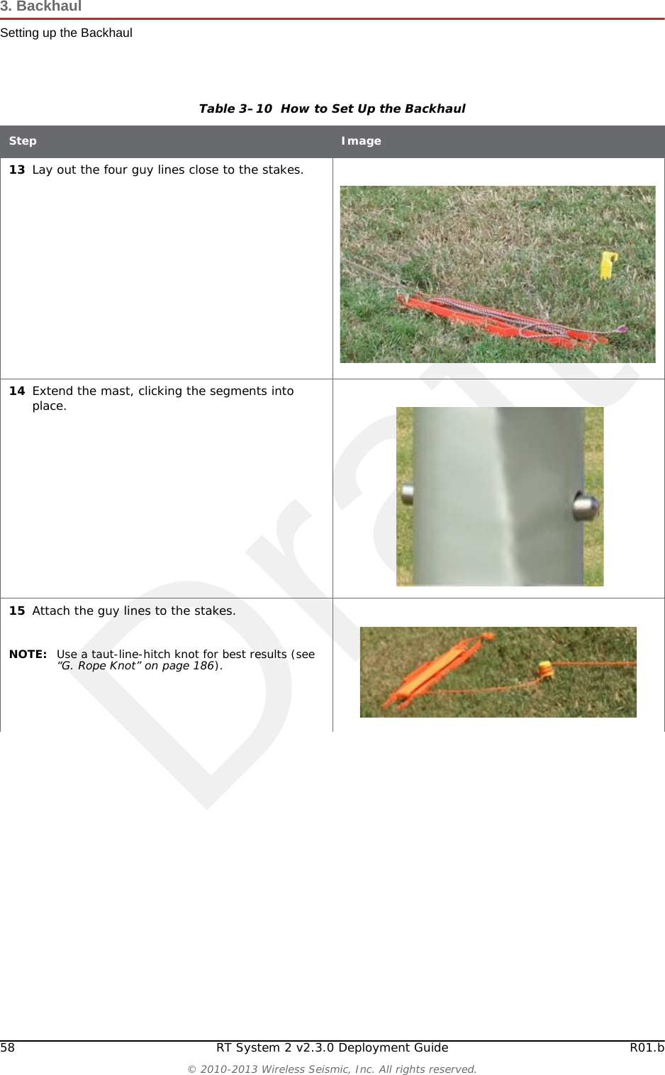 Draft58 RT System 2 v2.3.0 Deployment Guide R01.b© 2010-2013 Wireless Seismic, Inc. All rights reserved.3. BackhaulSetting up the Backhaul13 Lay out the four guy lines close to the stakes.14 Extend the mast, clicking the segments into place. 15 Attach the guy lines to the stakes.NOTE: Use a taut-line-hitch knot for best results (see “G. Rope Knot” on page 186). Table 3–10  How to Set Up the BackhaulStep Image