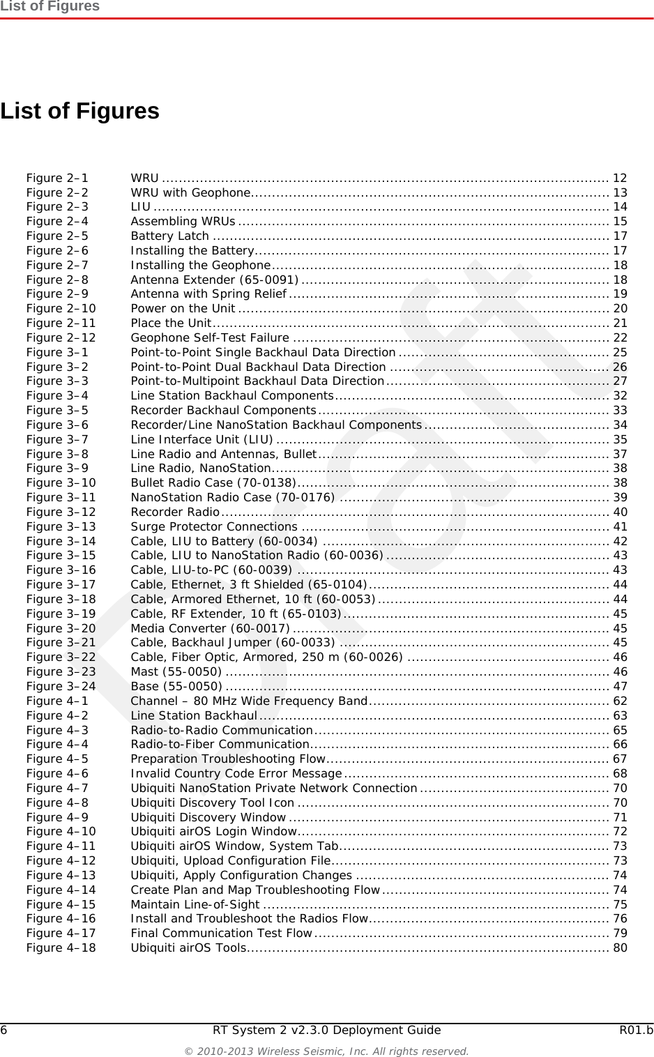 Draft6 RT System 2 v2.3.0 Deployment Guide R01.b© 2010-2013 Wireless Seismic, Inc. All rights reserved.List of FiguresList of FiguresFigure 2–1 WRU .......................................................................................................... 12Figure 2–2 WRU with Geophone..................................................................................... 13Figure 2–3 LIU ............................................................................................................ 14Figure 2–4 Assembling WRUs........................................................................................ 15Figure 2–5 Battery Latch .............................................................................................. 17Figure 2–6 Installing the Battery.................................................................................... 17Figure 2–7 Installing the Geophone................................................................................ 18Figure 2–8 Antenna Extender (65-0091)......................................................................... 18Figure 2–9 Antenna with Spring Relief............................................................................ 19Figure 2–10 Power on the Unit........................................................................................ 20Figure 2–11 Place the Unit.............................................................................................. 21Figure 2–12 Geophone Self-Test Failure ........................................................................... 22Figure 3–1 Point-to-Point Single Backhaul Data Direction .................................................. 25Figure 3–2 Point-to-Point Dual Backhaul Data Direction .................................................... 26Figure 3–3 Point-to-Multipoint Backhaul Data Direction..................................................... 27Figure 3–4 Line Station Backhaul Components................................................................. 32Figure 3–5 Recorder Backhaul Components..................................................................... 33Figure 3–6 Recorder/Line NanoStation Backhaul Components............................................ 34Figure 3–7 Line Interface Unit (LIU)............................................................................... 35Figure 3–8 Line Radio and Antennas, Bullet..................................................................... 37Figure 3–9 Line Radio, NanoStation................................................................................ 38Figure 3–10 Bullet Radio Case (70-0138).......................................................................... 38Figure 3–11 NanoStation Radio Case (70-0176) ................................................................ 39Figure 3–12 Recorder Radio............................................................................................ 40Figure 3–13 Surge Protector Connections ......................................................................... 41Figure 3–14 Cable, LIU to Battery (60-0034) .................................................................... 42Figure 3–15 Cable, LIU to NanoStation Radio (60-0036)..................................................... 43Figure 3–16 Cable, LIU-to-PC (60-0039) .......................................................................... 43Figure 3–17 Cable, Ethernet, 3 ft Shielded (65-0104)......................................................... 44Figure 3–18 Cable, Armored Ethernet, 10 ft (60-0053)....................................................... 44Figure 3–19 Cable, RF Extender, 10 ft (65-0103)............................................................... 45Figure 3–20 Media Converter (60-0017)........................................................................... 45Figure 3–21 Cable, Backhaul Jumper (60-0033) ................................................................ 45Figure 3–22 Cable, Fiber Optic, Armored, 250 m (60-0026) ................................................ 46Figure 3–23 Mast (55-0050) ........................................................................................... 46Figure 3–24 Base (55-0050)........................................................................................... 47Figure 4–1 Channel – 80 MHz Wide Frequency Band......................................................... 62Figure 4–2 Line Station Backhaul................................................................................... 63Figure 4–3 Radio-to-Radio Communication...................................................................... 65Figure 4–4 Radio-to-Fiber Communication....................................................................... 66Figure 4–5 Preparation Troubleshooting Flow................................................................... 67Figure 4–6 Invalid Country Code Error Message............................................................... 68Figure 4–7 Ubiquiti NanoStation Private Network Connection............................................. 70Figure 4–8 Ubiquiti Discovery Tool Icon .......................................................................... 70Figure 4–9 Ubiquiti Discovery Window............................................................................ 71Figure 4–10 Ubiquiti airOS Login Window.......................................................................... 72Figure 4–11 Ubiquiti airOS Window, System Tab................................................................ 73Figure 4–12 Ubiquiti, Upload Configuration File.................................................................. 73Figure 4–13 Ubiquiti, Apply Configuration Changes ............................................................ 74Figure 4–14 Create Plan and Map Troubleshooting Flow...................................................... 74Figure 4–15 Maintain Line-of-Sight .................................................................................. 75Figure 4–16 Install and Troubleshoot the Radios Flow......................................................... 76Figure 4–17 Final Communication Test Flow...................................................................... 79Figure 4–18 Ubiquiti airOS Tools...................................................................................... 80