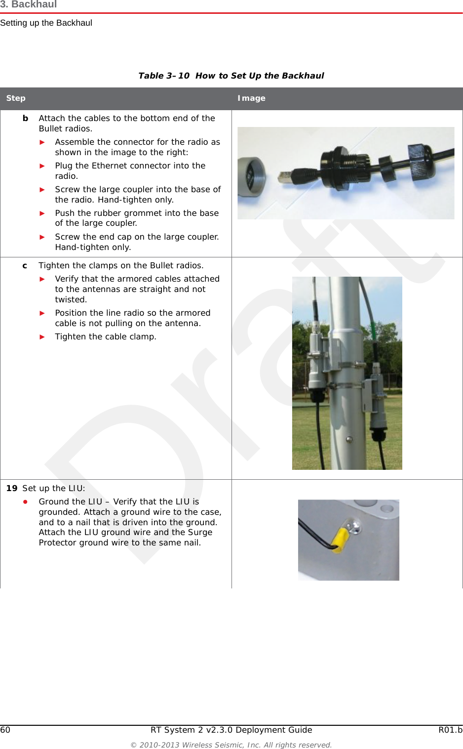 Draft60 RT System 2 v2.3.0 Deployment Guide R01.b© 2010-2013 Wireless Seismic, Inc. All rights reserved.3. BackhaulSetting up the BackhaulbAttach the cables to the bottom end of the Bullet radios. ►Assemble the connector for the radio as shown in the image to the right:►Plug the Ethernet connector into the radio.►Screw the large coupler into the base of the radio. Hand-tighten only.►Push the rubber grommet into the base of the large coupler.►Screw the end cap on the large coupler. Hand-tighten only. cTighten the clamps on the Bullet radios. ►Verify that the armored cables attached to the antennas are straight and not twisted.►Position the line radio so the armored cable is not pulling on the antenna.►Tighten the cable clamp. 19 Set up the LIU:●Ground the LIU – Verify that the LIU is grounded. Attach a ground wire to the case, and to a nail that is driven into the ground. Attach the LIU ground wire and the Surge Protector ground wire to the same nail.Table 3–10  How to Set Up the BackhaulStep Image