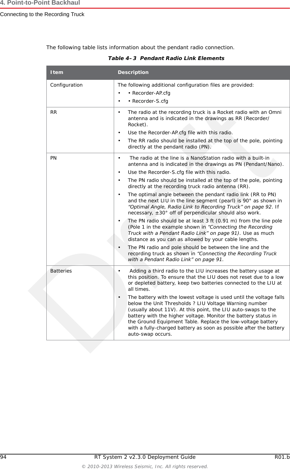 Draft94 RT System 2 v2.3.0 Deployment Guide R01.b© 2010-2013 Wireless Seismic, Inc. All rights reserved.4. Point-to-Point BackhaulConnecting to the Recording TruckThe following table lists information about the pendant radio connection.Table 4–3  Pendant Radio Link Elements Item DescriptionConfiguration The following additional configuration files are provided:• • Recorder-AP.cfg• • Recorder-S.cfgRR • The radio at the recording truck is a Rocket radio with an Omni antenna and is indicated in the drawings as RR (Recorder/Rocket).• Use the Recorder-AP.cfg file with this radio.• The RR radio should be installed at the top of the pole, pointing directly at the pendant radio (PN).PN •  The radio at the line is a NanoStation radio with a built-in antenna and is indicated in the drawings as PN (Pendant/Nano).• Use the Recorder-S.cfg file with this radio.• The PN radio should be installed at the top of the pole, pointing directly at the recording truck radio antenna (RR).• The optimal angle between the pendant radio link (RR to PN) and the next LIU in the line segment (pearl) is 90° as shown in “Optimal Angle, Radio Link to Recording Truck” on page 92. If necessary, ±30° off of perpendicular should also work. • The PN radio should be at least 3 ft (0.91 m) from the line pole (Pole 1 in the example shown in “Connecting the Recording Truck with a Pendant Radio Link” on page 91). Use as much distance as you can as allowed by your cable lengths. • The PN radio and pole should be between the line and the recording truck as shown in “Connecting the Recording Truck with a Pendant Radio Link” on page 91.Batteries •  Adding a third radio to the LIU increases the battery usage at this position. To ensure that the LIU does not reset due to a low or depleted battery, keep two batteries connected to the LIU at all times.• The battery with the lowest voltage is used until the voltage falls below the Unit Thresholds ? LIU Voltage Warning number (usually about 11V). At this point, the LIU auto-swaps to the battery with the higher voltage. Monitor the battery status in the Ground Equipment Table. Replace the low-voltage battery with a fully-charged battery as soon as possible after the battery auto-swap occurs.