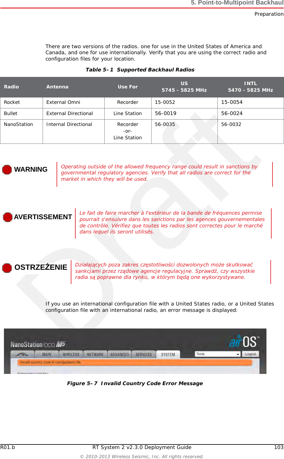 DraftR01.b RT System 2 v2.3.0 Deployment Guide 103&copy; 2010-2013 Wireless Seismic, Inc. All rights reserved.5. Point-to-Multipoint BackhaulPreparationThere are two versions of the radios. one for use in the United States of America and Canada, and one for use internationally. Verify that you are using the correct radio and configuration files for your location. If you use an international configuration file with a United States radio, or a United States configuration file with an international radio, an error message is displayed:Table 5&ndash;1  Supported Backhaul Radios Radio Antenna Use For US5745 - 5825 MHz INTL5470 - 5825 MHzRocket External Omni Recorder 15-0052  15-0054 Bullet External Directional Line Station 56-0019 56-0024 NanoStation Internal Directional Recorder-or-Line Station56-0035 56-0032 WARNINGWARNINGOperating outside of the allowed frequency range could result in sanctions by governmental regulatory agencies. Verify that all radios are correct for the market in which they will be used.AVERTISSEMENTLe fait de faire marcher &agrave; l'ext&eacute;rieur de la bande de fr&eacute;quences permise pourrait s'ensuivre dans les sanctions par les agences gouvernementales de contr&ocirc;le. V&eacute;rifiez que toutes les radios sont correctes pour le march&eacute; dans lequel ils seront utilis&eacute;s.OSTRZEŻENIEDziałających poza zakres częstotliwości dozwolonych może skutkować sankcjami przez rządowe agencje regulacyjne. Sprawdź, czy wszystkie radia są poprawne dla rynku, w kt&oacute;rym będą one wykorzystywane.Figure 5&ndash;7  Invalid Country Code Error Message