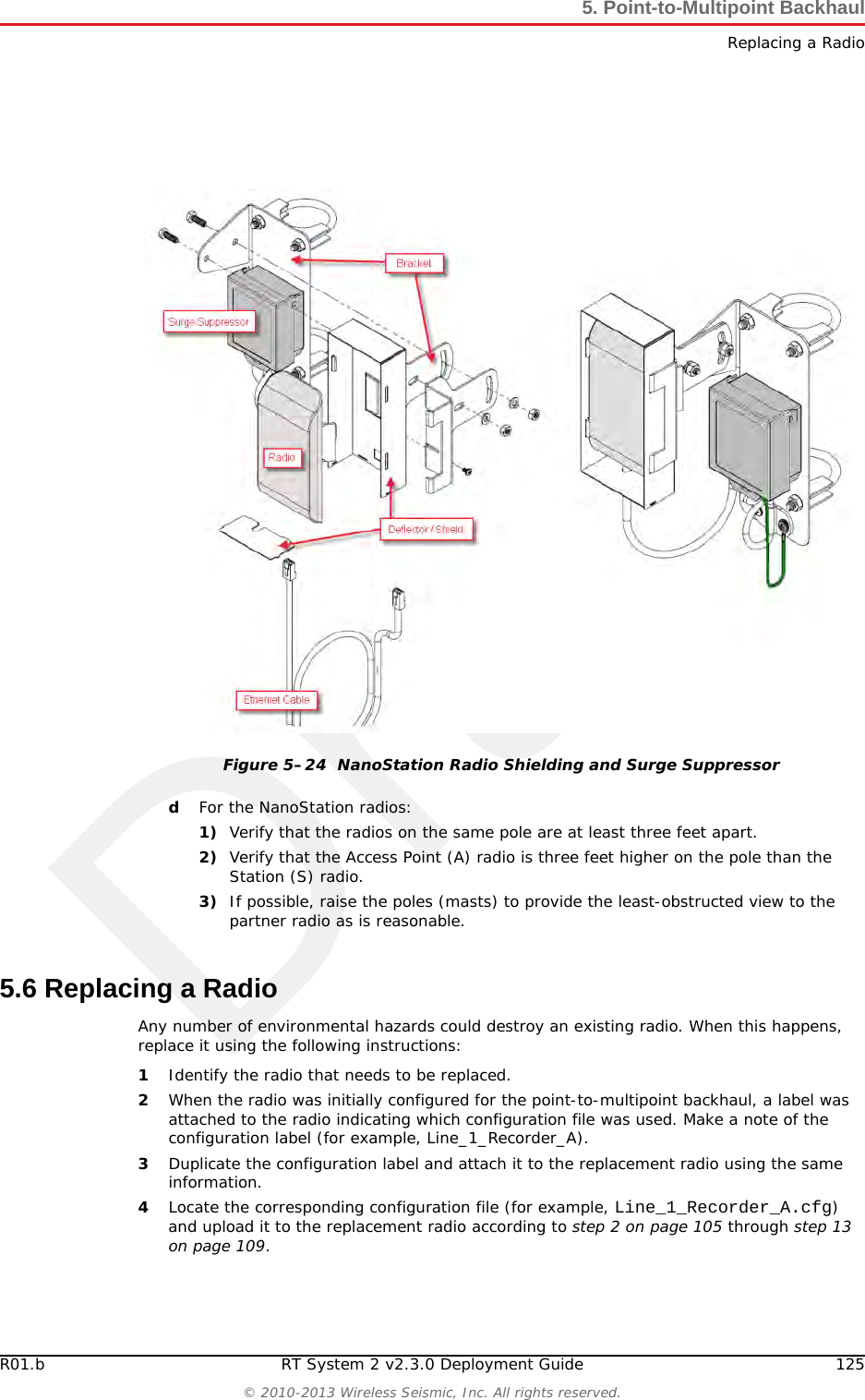 Draft124 RT System 2 v2.3.0 Deployment Guide R01.b&copy; 2010-2013 Wireless Seismic, Inc. All rights reserved.5. Point-to-Multipoint BackhaulFinal Communication TestFigure 5&ndash;23  Radio/Antenna Shielding
