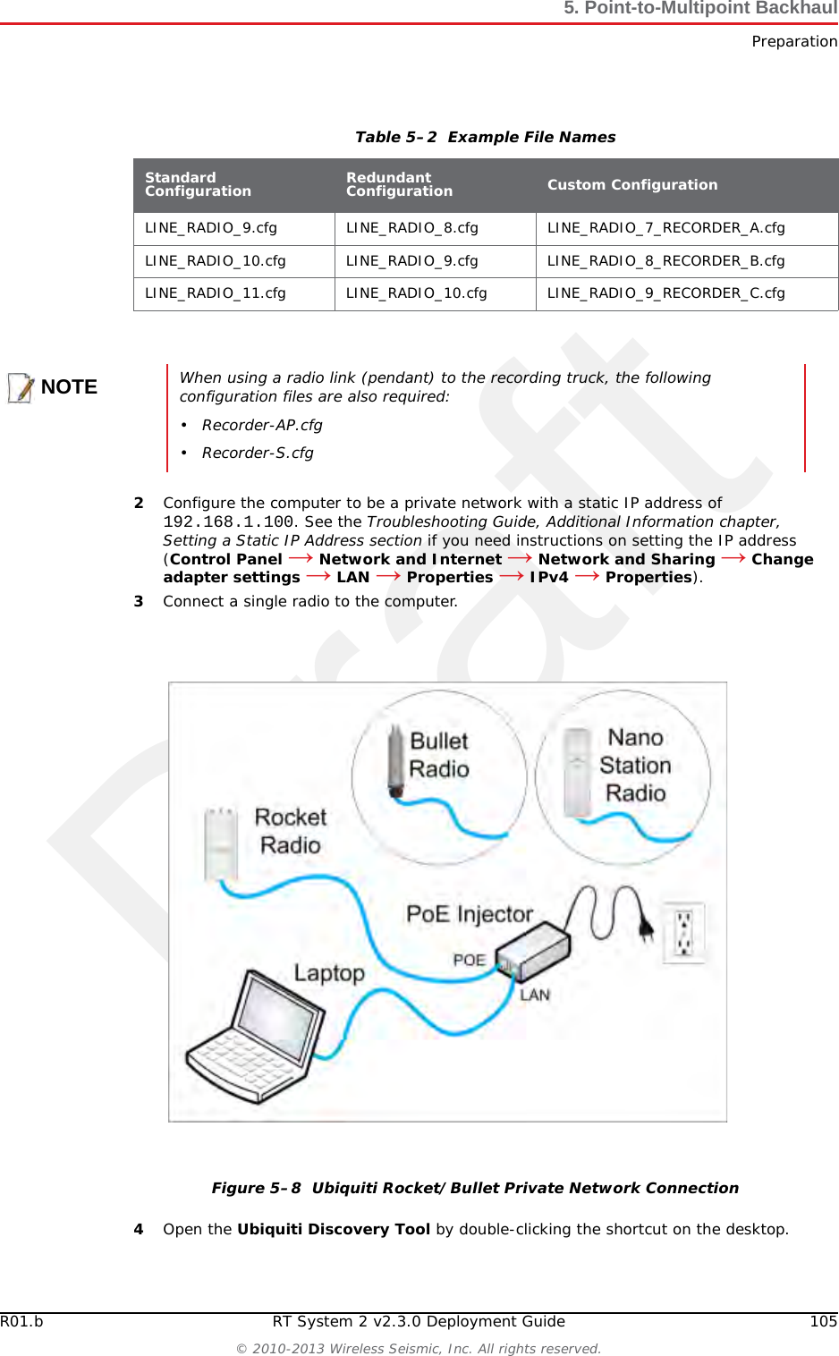 DraftR01.b RT System 2 v2.3.0 Deployment Guide 105&copy; 2010-2013 Wireless Seismic, Inc. All rights reserved.5. Point-to-Multipoint BackhaulPreparation2Configure the computer to be a private network with a static IP address of 192.168.1.100. See the Troubleshooting Guide, Additional Information chapter, Setting a Static IP Address section if you need instructions on setting the IP address (Control Panel &rarr; Network and Internet &rarr; Network and Sharing &rarr; Change adapter settings &rarr; LAN &rarr; Properties &rarr; IPv4 &rarr; Properties).3Connect a single radio to the computer.4Open the Ubiquiti Discovery Tool by double-clicking the shortcut on the desktop. LINE_RADIO_9.cfg LINE_RADIO_8.cfg LINE_RADIO_7_RECORDER_A.cfgLINE_RADIO_10.cfg LINE_RADIO_9.cfg LINE_RADIO_8_RECORDER_B.cfgLINE_RADIO_11.cfg LINE_RADIO_10.cfg LINE_RADIO_9_RECORDER_C.cfgNOTEWhen using a radio link (pendant) to the recording truck, the following configuration files are also required:&bull; Recorder-AP.cfg&bull;Recorder-S.cfgFigure 5&ndash;8  Ubiquiti Rocket/Bullet Private Network ConnectionTable 5&ndash;2  Example File NamesStandard Configuration Redundant Configuration Custom Configuration