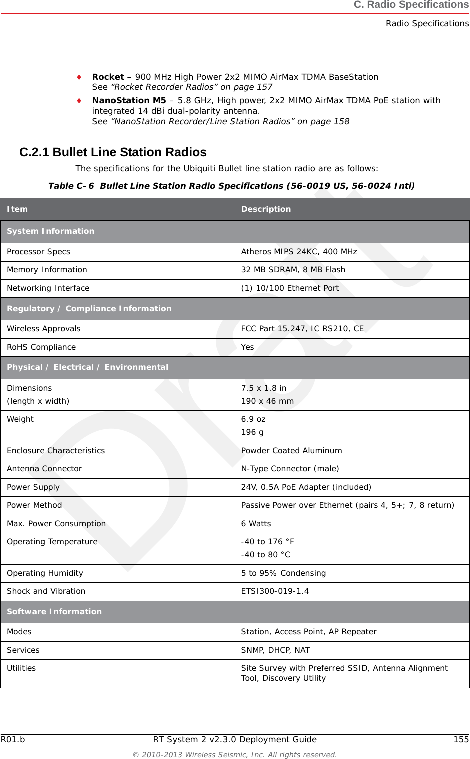 Draft154 RT System 2 v2.3.0 Deployment Guide R01.b&copy; 2010-2013 Wireless Seismic, Inc. All rights reserved.C. Radio SpecificationsRadio SpecificationsC.2 Radio SpecificationsThis section provides radio specifications. The following radios are used in the backhaul:Bullet &ndash; 2.4 GHz High Power 802.11N Outdoor Radio SystemSee &ldquo;Bullet Line Station Radios&rdquo; on page 155Table C&ndash;5  NanoStation Integrated Antenna Specifications  (cont.)Item Description Radiation Patterns
