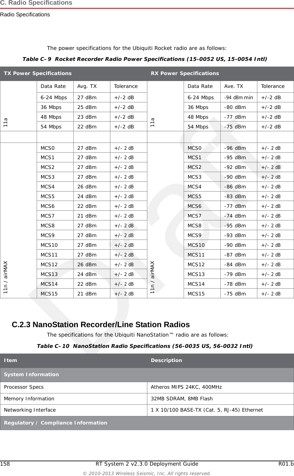 DraftR01.b RT System 2 v2.3.0 Deployment Guide 157&copy; 2010-2013 Wireless Seismic, Inc. All rights reserved.C. Radio SpecificationsRadio SpecificationsC.2.2 Rocket Recorder RadiosThe specifications for the Ubiquiti Rocket recorder radio are as follows:Table C&ndash;8  Rocket Recorder Radio Specifications (15-0052 US, 15-0054 Intl) Item DescriptionSystem InformationProcessor Specs Atheros MIPS 24KC, 400MHzMemory Information 64MB SDRAM, 8MB FlashNetworking Interface 2 X 10/100 BASE-TX (Cat. 5, RJ-45) EthernetRegulatory / Compliance InformationWireless Approvals FCC Part 15.247, IC RS210, CERoHS Compliance YESPhysical / Electrical / EnvironmentalDimensions(length, width, height) 6.7 x 3.1 x 1.2 in17 x 8 x 3cm Weight 1.6 lb0.5kgEnclosure Characteristics Outdoor UV Stabilized PlasticRF Connector 2x RP-SMA and 1x SMA (Waterproof)Mounting Kit Pole Mounting Kit includedPower Supply 24V, 1A POE Supply includedPower Method Passive Power over Ethernet (pairs 4, 5+; 7, 8 return)Max Power Consumption 8 WattsOperating Temperature -22 to 167 &deg;F-30 to 75 &deg;COperating Humidity 5 to 95% CondensingShock and Vibration ETSI300-019-1.4Operating Frequency 5745 to 5825 (USA)5470 to 5825 (International)Output Power 27 dBmRange Performance up to 9.3 milesup to 15 km