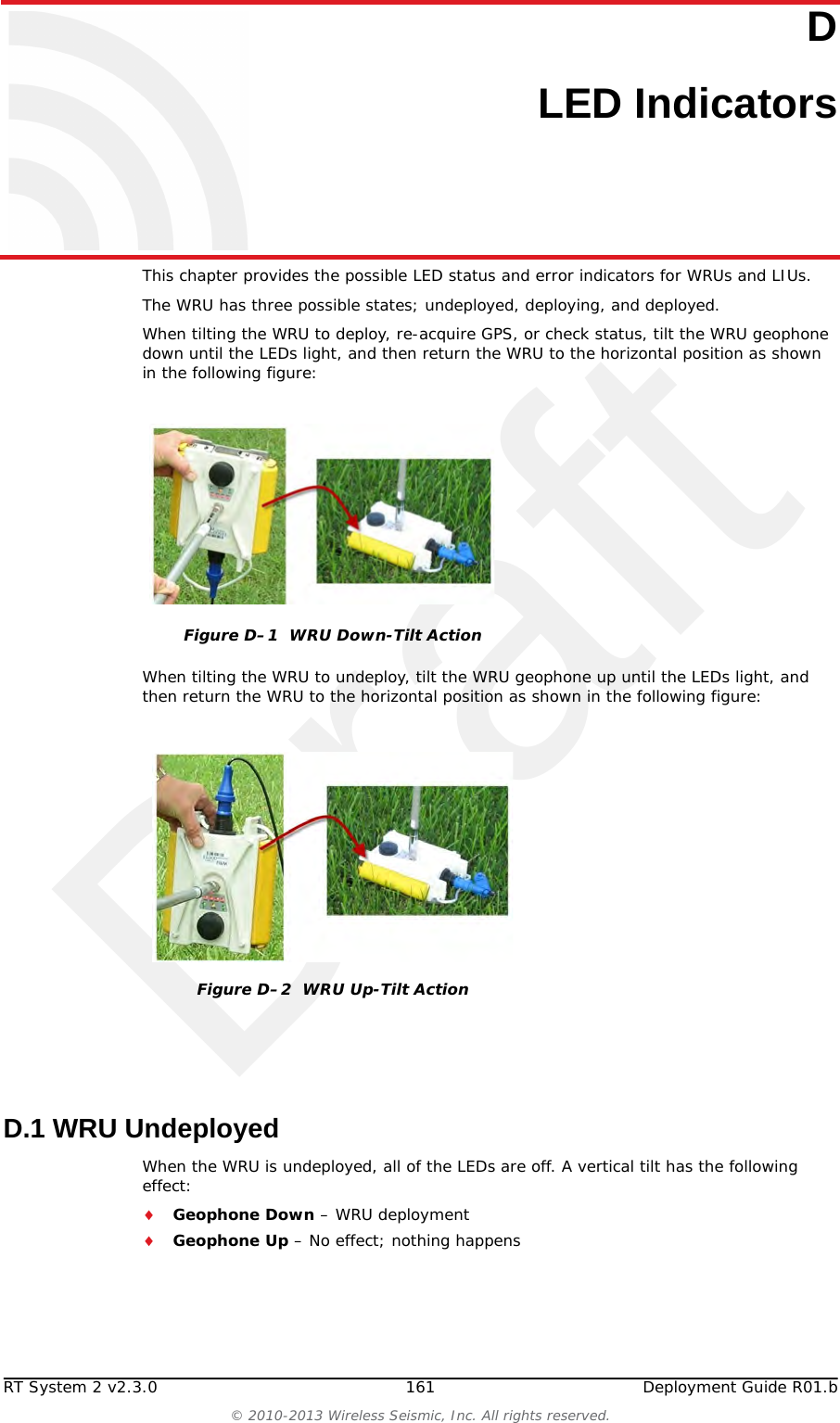 Draft160 RT System 2 v2.3.0 Deployment Guide R01.b&copy; 2010-2013 Wireless Seismic, Inc. All rights reserved.C. Radio SpecificationsRadio Specifications11n / airMAXMCS0 23 dBm +/- 2 dB11n / airMAXMCS0 -96 dBm +/- 2 dBMCS1 23 dBm +/- 2 dBMCS1 -95 dBm +/- 2 dBMCS2 23 dBm +/- 2 dBMCS2 -92 dBm +/- 2 dBMCS3 23 dBm +/- 2 dBMCS3 -90 dBm +/- 2 dBMCS4 22 dBm +/- 2 dBMCS4 -86 dBm +/- 2 dBMCS5 20 dBm +/- 2 dBMCS5 -83 dBm +/- 2 dBMCS6 18 dBm +/- 2 dBMCS6 -77 dBm +/- 2 dBMCS7 17 dBm +/- 2 dBMCS7 -74 dBm +/- 2 dBMCS8 23 dBm +/- 2 dBMCS8 -95 dBm +/- 2 dBMCS9 23 dBm +/- 2 dBMCS9 -93 dBm +/- 2 dBMCS10 23 dBm +/- 2 dBMCS10 -90 dBm +/- 2 dBMCS11 23 dBm +/- 2 dBMCS11 -87 dBm +/- 2 dBMCS12 22 dBm +/- 2 dBMCS12 -84 dBm +/- 2 dBMCS13 20 dBm +/- 2 dBMCS13 -79 dBm +/- 2 dBMCS14 18 dBm +/- 2 dBMCS14 -78 dBm +/- 2 dBMCS15 17 dBm +/- 2 dBMCS15 -75 dBm +/- 2 dBTable C&ndash;11  NanoStation Radio Power Specifications (56-0035 US, 56-0032 Intl)  (cont.)TX Power SpecificationsRX Power Specifications