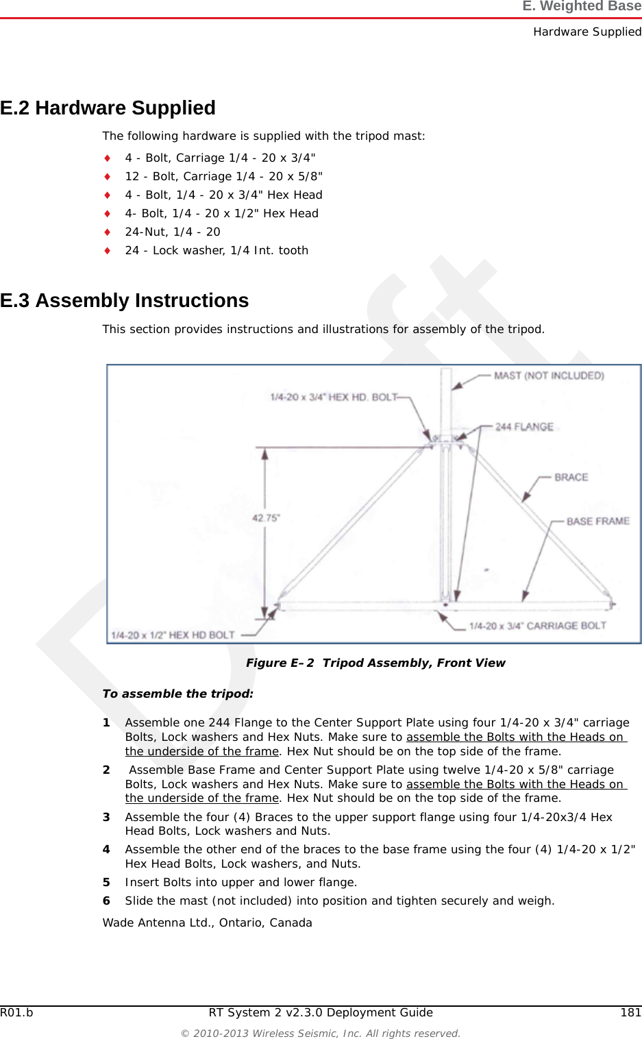 DraftRT System 2 v2.3.0 180  Deployment Guide R01.b&copy; 2010-2013 Wireless Seismic, Inc. All rights reserved.EE. Weighted BaseThis section describes the mast that uses weights to maintain stability.E.1 SpecificationsTripod Weight = 50 lbs (22.73 kg)Minimum mast height = 53&rdquo; (includes 6&rdquo; for mounting)Base size = 48&rdquo; (1.2m) x 48&rdquo; (1.2m)Supports up to 12 &ndash; 16&rdquo; x 8&rdquo; blocksPre-galvanized steel frameAccepts up to 2.5&rdquo; mast (not included)Figure E&ndash;1  Weighted Mast