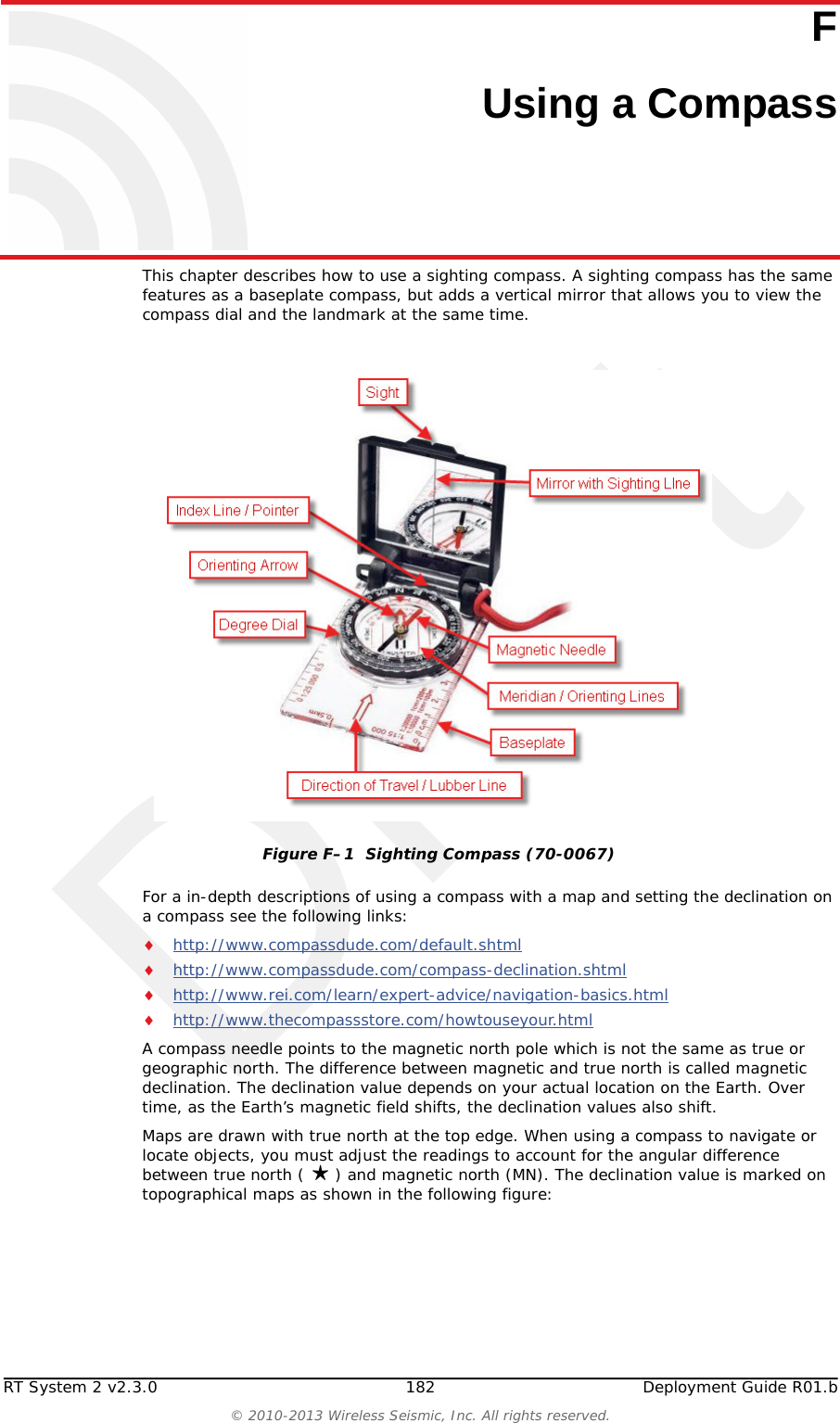 DraftR01.b RT System 2 v2.3.0 Deployment Guide 181&copy; 2010-2013 Wireless Seismic, Inc. All rights reserved.E. Weighted BaseHardware SuppliedE.2 Hardware SuppliedThe following hardware is supplied with the tripod mast:4 - Bolt, Carriage 1/4 - 20 x 3/4"12 - Bolt, Carriage 1/4 - 20 x 5/8"4 - Bolt, 1/4 - 20 x 3/4" Hex Head4- Bolt, 1/4 - 20 x 1/2" Hex Head24-Nut, 1/4 - 2024 - Lock washer, 1/4 Int. toothE.3 Assembly InstructionsThis section provides instructions and illustrations for assembly of the tripod.To assemble the tripod:1Assemble one 244 Flange to the Center Support Plate using four 1/4-20 x 3/4" carriage Bolts, Lock washers and Hex Nuts. Make sure to assemble the Bolts with the Heads on the underside of the frame. Hex Nut should be on the top side of the frame. 2 Assemble Base Frame and Center Support Plate using twelve 1/4-20 x 5/8" carriage Bolts, Lock washers and Hex Nuts. Make sure to assemble the Bolts with the Heads on the underside of the frame. Hex Nut should be on the top side of the frame.3Assemble the four (4) Braces to the upper support flange using four 1/4-20x3/4 Hex Head Bolts, Lock washers and Nuts.4Assemble the other end of the braces to the base frame using the four (4) 1/4-20 x 1/2" Hex Head Bolts, Lock washers, and Nuts.5Insert Bolts into upper and lower flange.6Slide the mast (not included) into position and tighten securely and weigh.Wade Antenna Ltd., Ontario, CanadaFigure E&ndash;2  Tripod Assembly, Front View