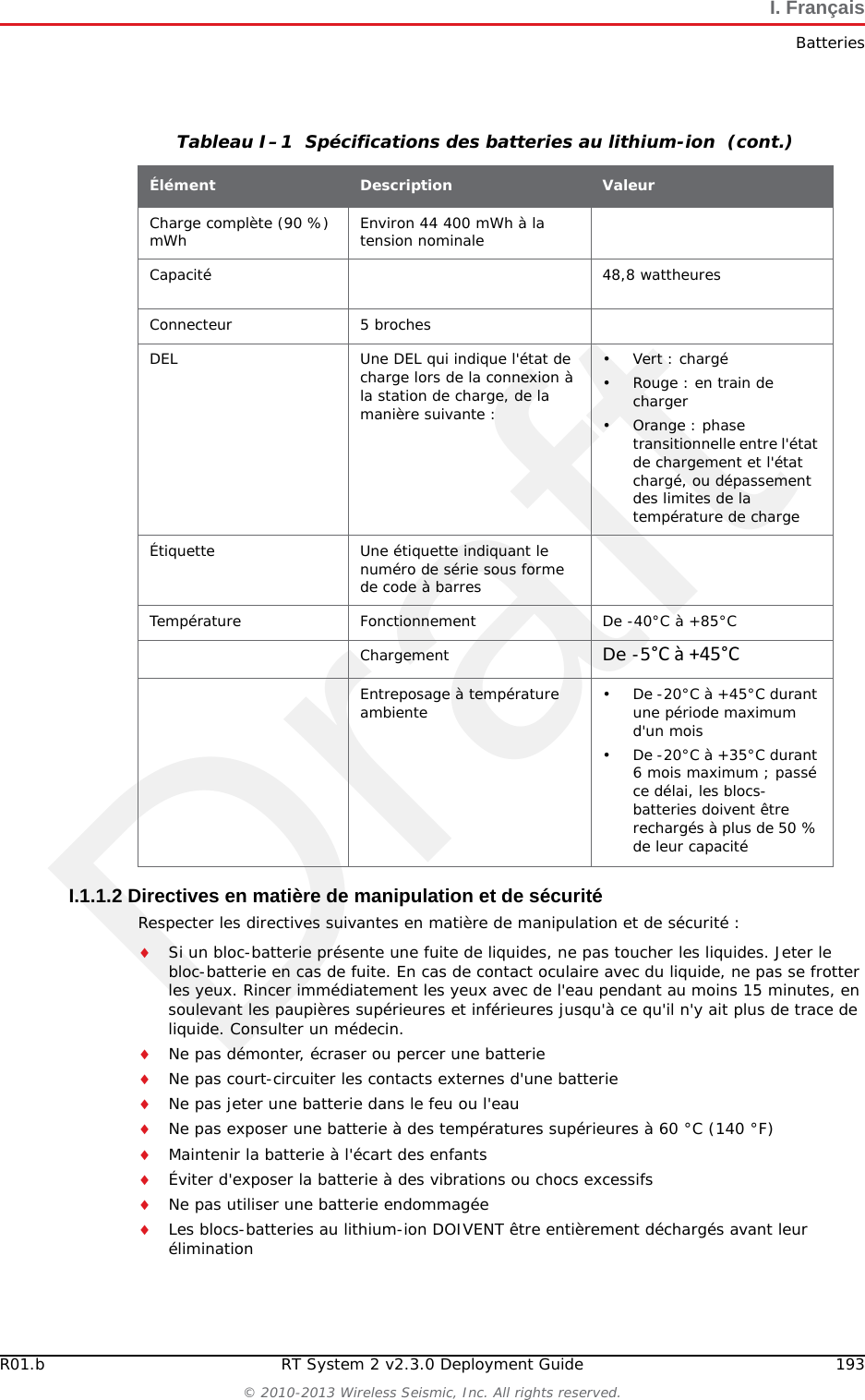 DraftRT System 2 v2.3.0 192  Deployment Guide R01.b&copy; 2010-2013 Wireless Seismic, Inc. All rights reserved.II. Fran&ccedil;aisCe chapitre fournit des informations sur le suivant :&ldquo;Batteries&rdquo; sur la page 192&ldquo;l'information juridique&rdquo; sur la page 198I.1 BatteriesCe chapitre fournit des informations sur les batteries utilis&eacute;es dans le syst&egrave;me RT System 2 de Wireless Seismic, Inc. I.1.1 Batteries au lithium-ionCette section fournit des informations sur les caract&eacute;ristiques, l'utilisation et la manipulation des batteries au lithium-ion. Reportez-vous aux sections suivantes pour en savoir plus:●&ldquo;Sp&eacute;cifications&rdquo; on page 192●&ldquo;Directives en mati&egrave;re de manipulation et de s&eacute;curit&eacute;&rdquo; on page 193●&ldquo;Transport&rdquo; on page 194●&ldquo;Entreposage&rdquo; on page 196I.1.1.1 Sp&eacute;cificationsLe RT System 2 utilise une ou deux batteries au lithium-ion intelligentes et personnalis&eacute;es, dot&eacute;es d'un circuit de charge autonome qui prot&egrave;ge les batteries contre les surcharges, d&eacute;charges, courts-circuits ou changements extr&ecirc;mes de temp&eacute;rature.Le tableau suivant indique les sp&eacute;cifications des batteries:Tableau I&ndash;1  Sp&eacute;cifications des batteries au lithium-ion &Eacute;l&eacute;ment Description ValeurTension Nominale 3,7 V c.c.Arr&ecirc;t 2,8 V c.c.Charge compl&egrave;te (90 %) 4,1 V c.c.Tension de charge excessive 4,28 V c.c.Tension de d&eacute;charge excessive 2,80 V c.c.Courant Courant de charge maximum 2 AConsommation, mode actif 4,2 mA maximumConsommation, mode veille 66 A maximumCharge compl&egrave;te (90 %) mAh Environ 12 000 mAh &agrave; la tension nominale
